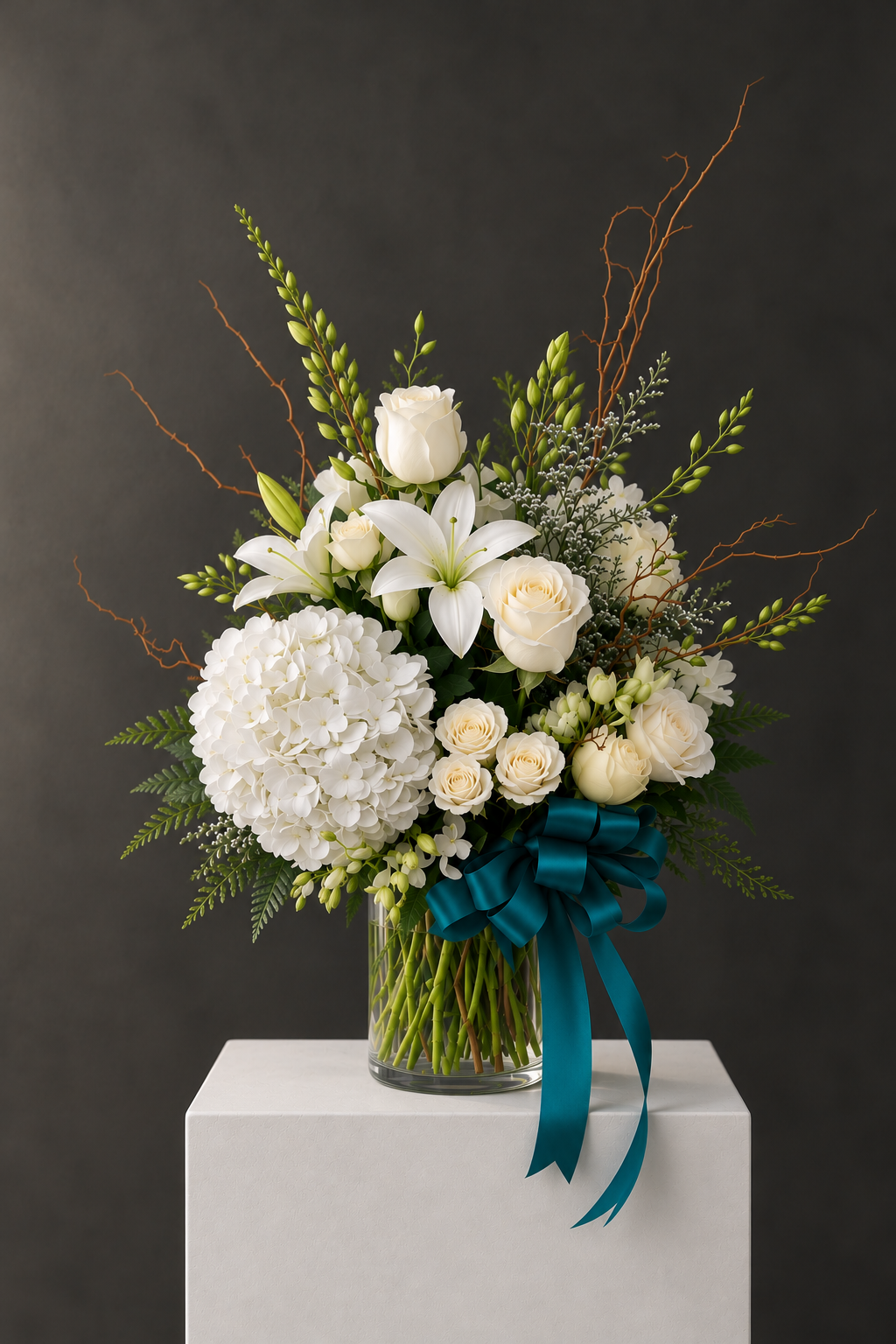 Elegant White Lily Bouquet on White Pedestal.png