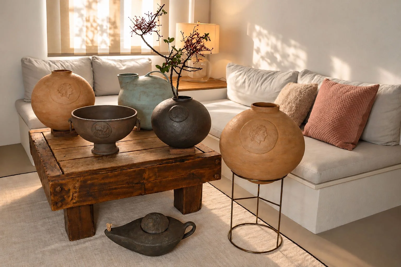 Living room with a white sectional sofa, pink and beige pillows, wooden coffee table with clay and ceramic vases and bowls, a lamp with a beige shade, and a sheer window with sunlight casting shadows.
