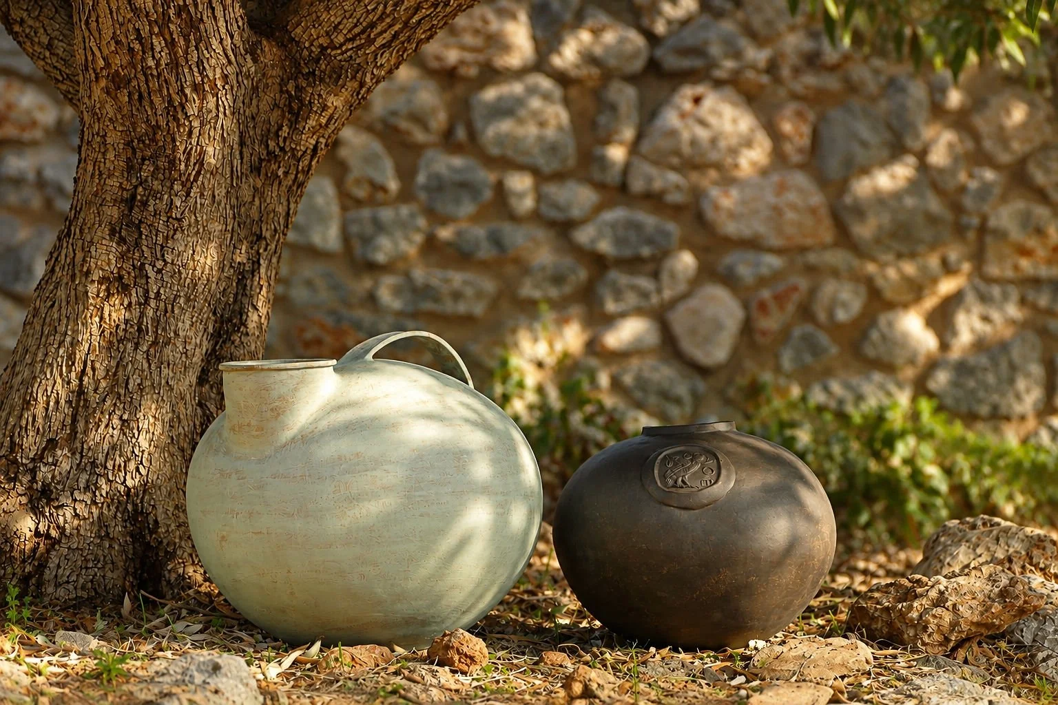 Two large ceramic pots, one white and one dark brown or black, placed on the ground next to a tree with textured bark, with a stone wall and some green plants in the background.