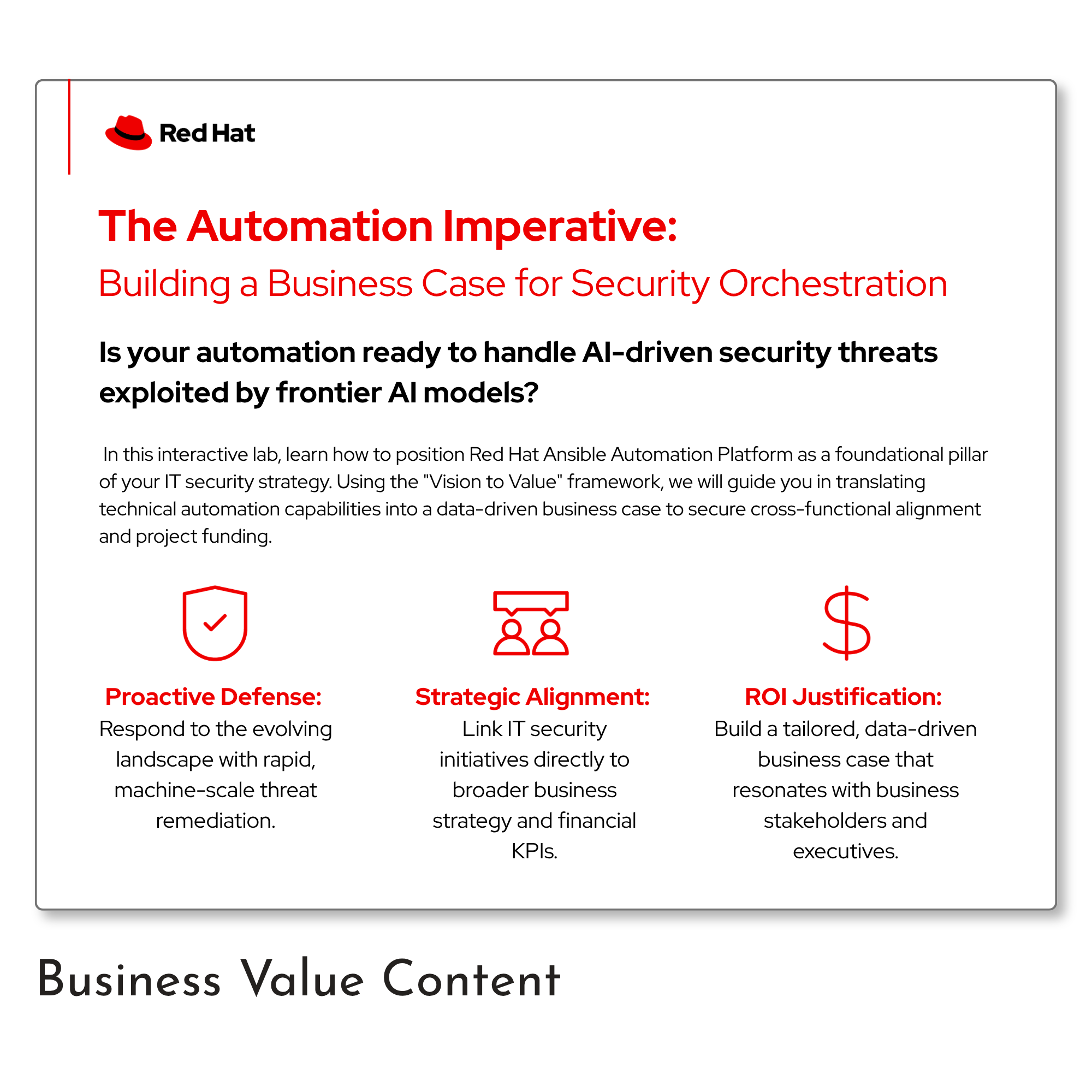 A presentation slide titled 'The Automation Imperative: Building a Business Case for Security Orchestration' with icons and brief descriptions about security strategies and business value.