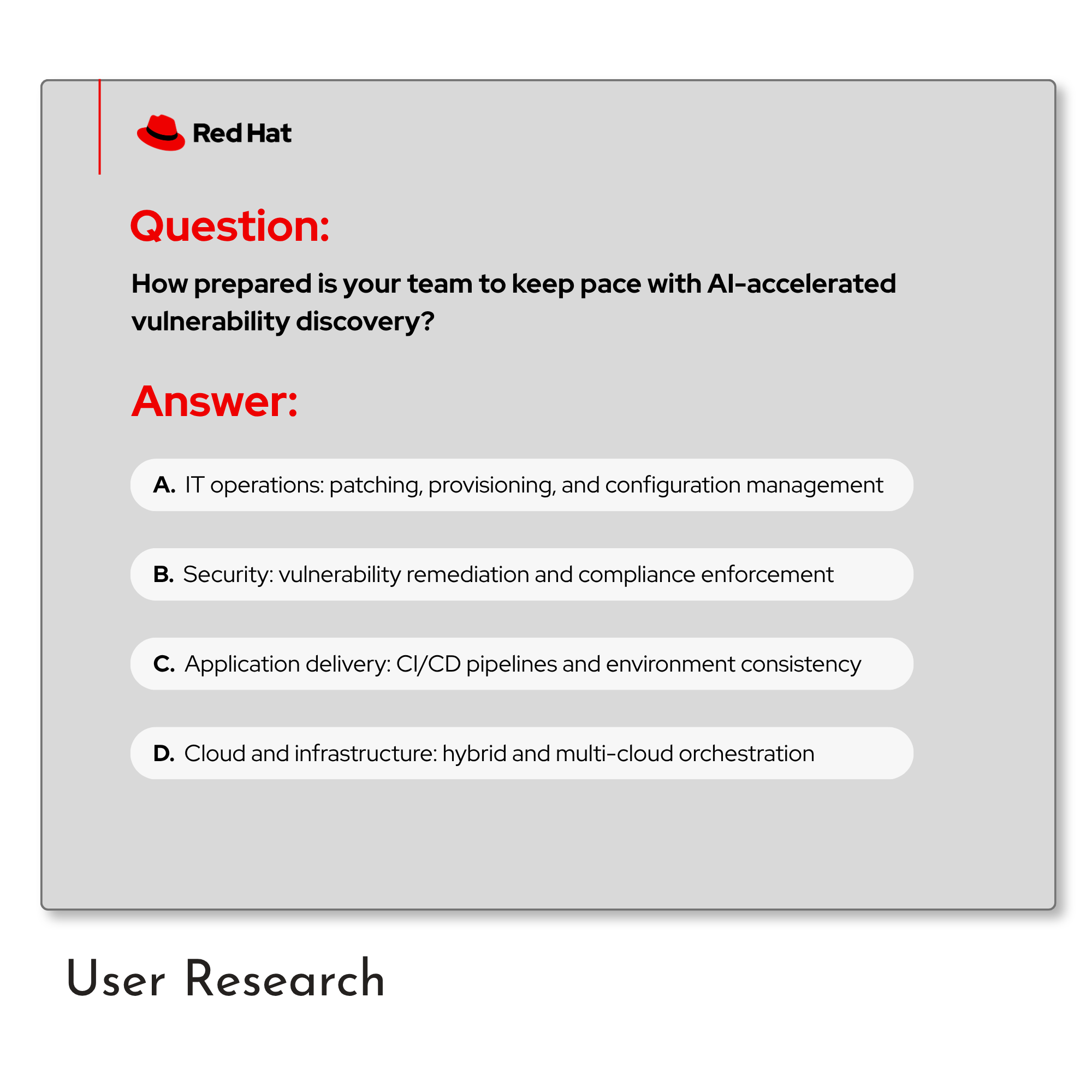 Screenshot of a quiz or survey question asking how prepared a team is to keep pace with AI-accelerated vulnerability discovery, with multiple choice options labeled A, B, C, and D.