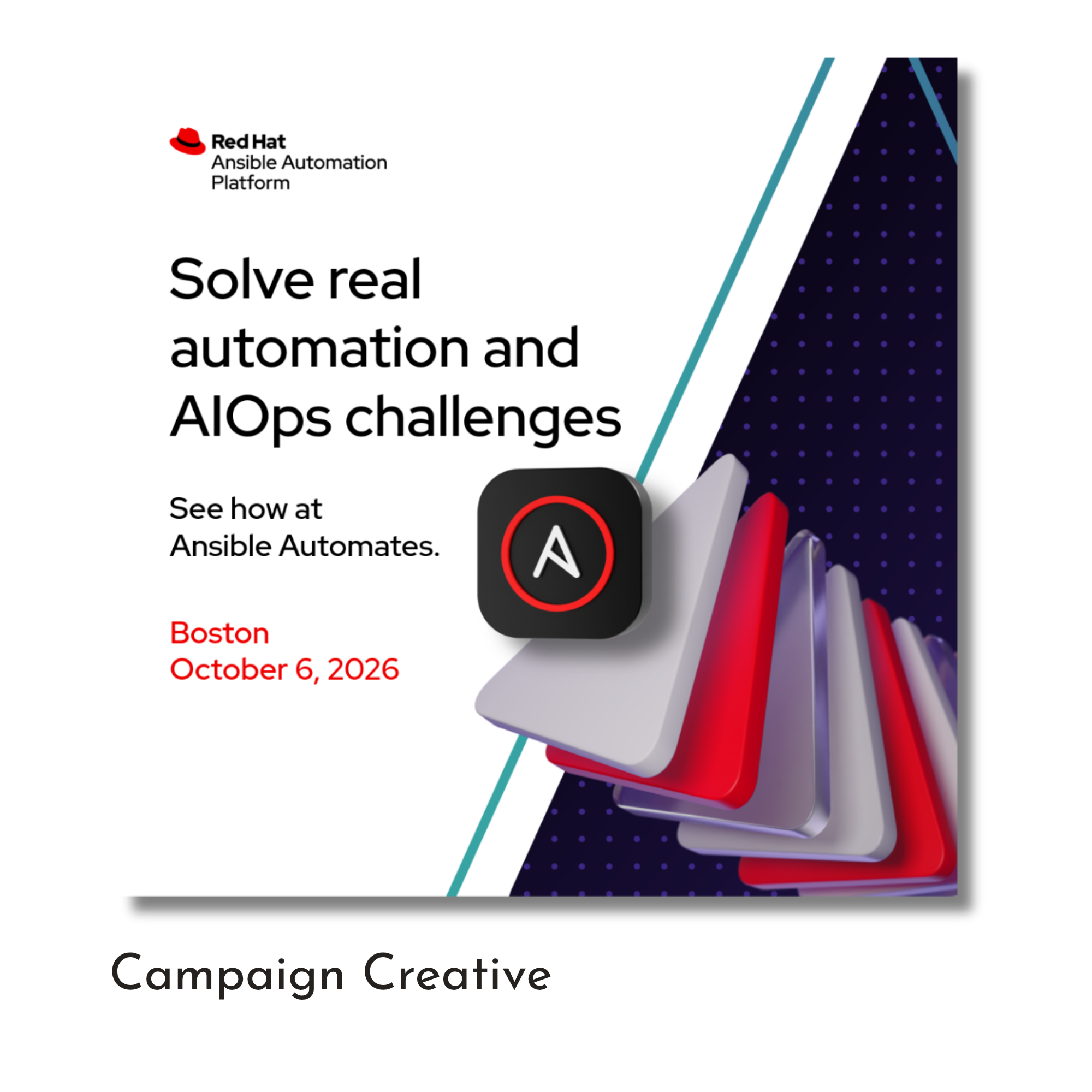 Promotional graphic for Red Hat Ansible Automation Platform featuring a dark background with dotted pattern and abstract shapes, including a hand holding a card with the letter 'A' inside a red circle.
