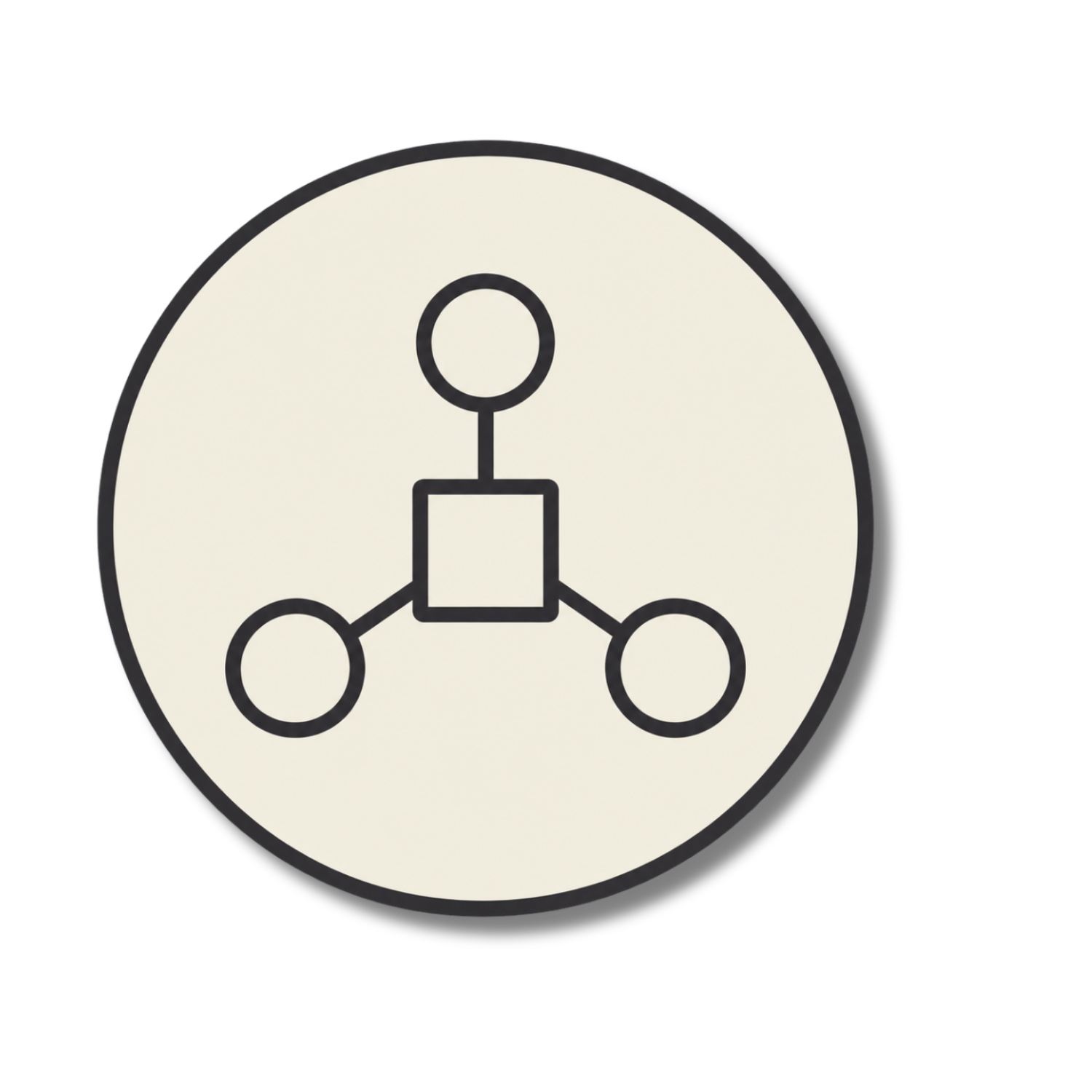 Diagram with a square in the center connected to three circles, representing a network or system structure.