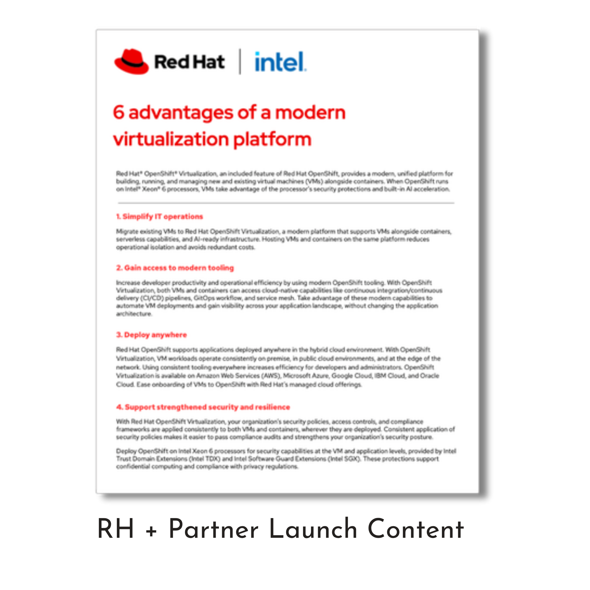 Document titled '6 advantages of a modern virtualization platform' with logos of Red Hat and Intel at the top, and section headings and text discussing virtualization benefits.