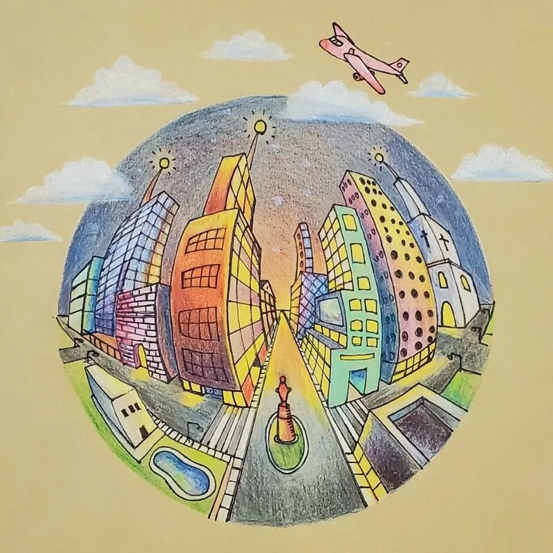 Five Point Cityscape drawing done in colored pencil, and black marker.