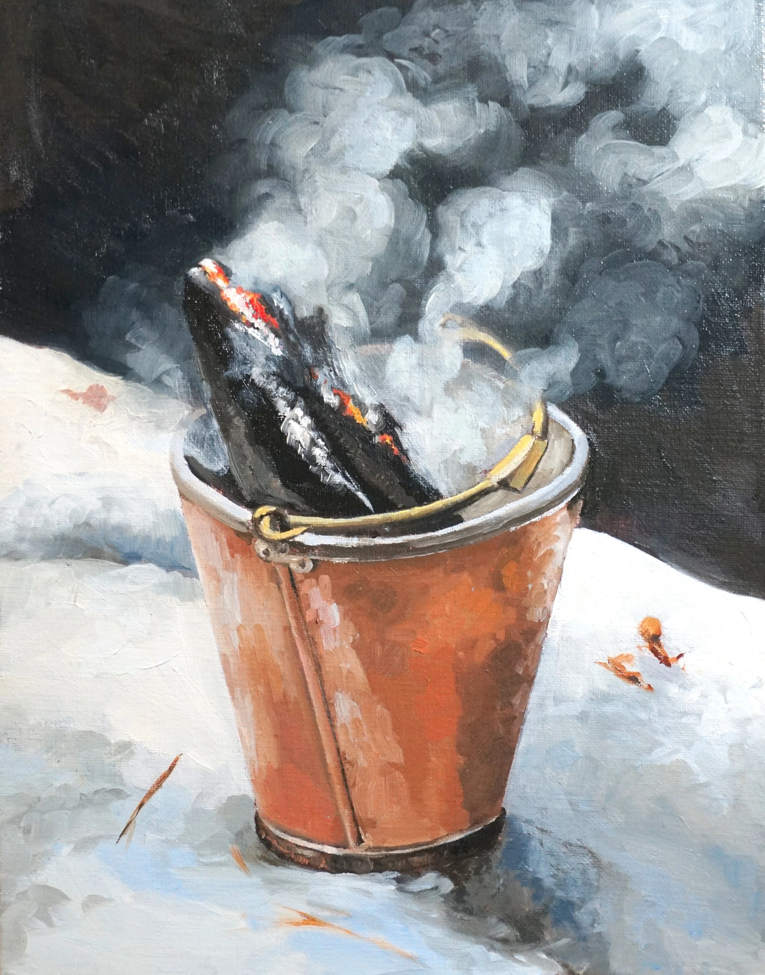 Ash Can in Winter - Traditional oil still life painting