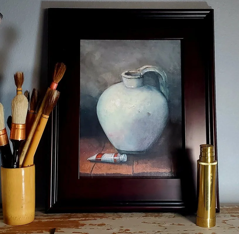 Photo of a traditional still life of a white jug in a fine wood frame.  Ready to hang artwork for sale.