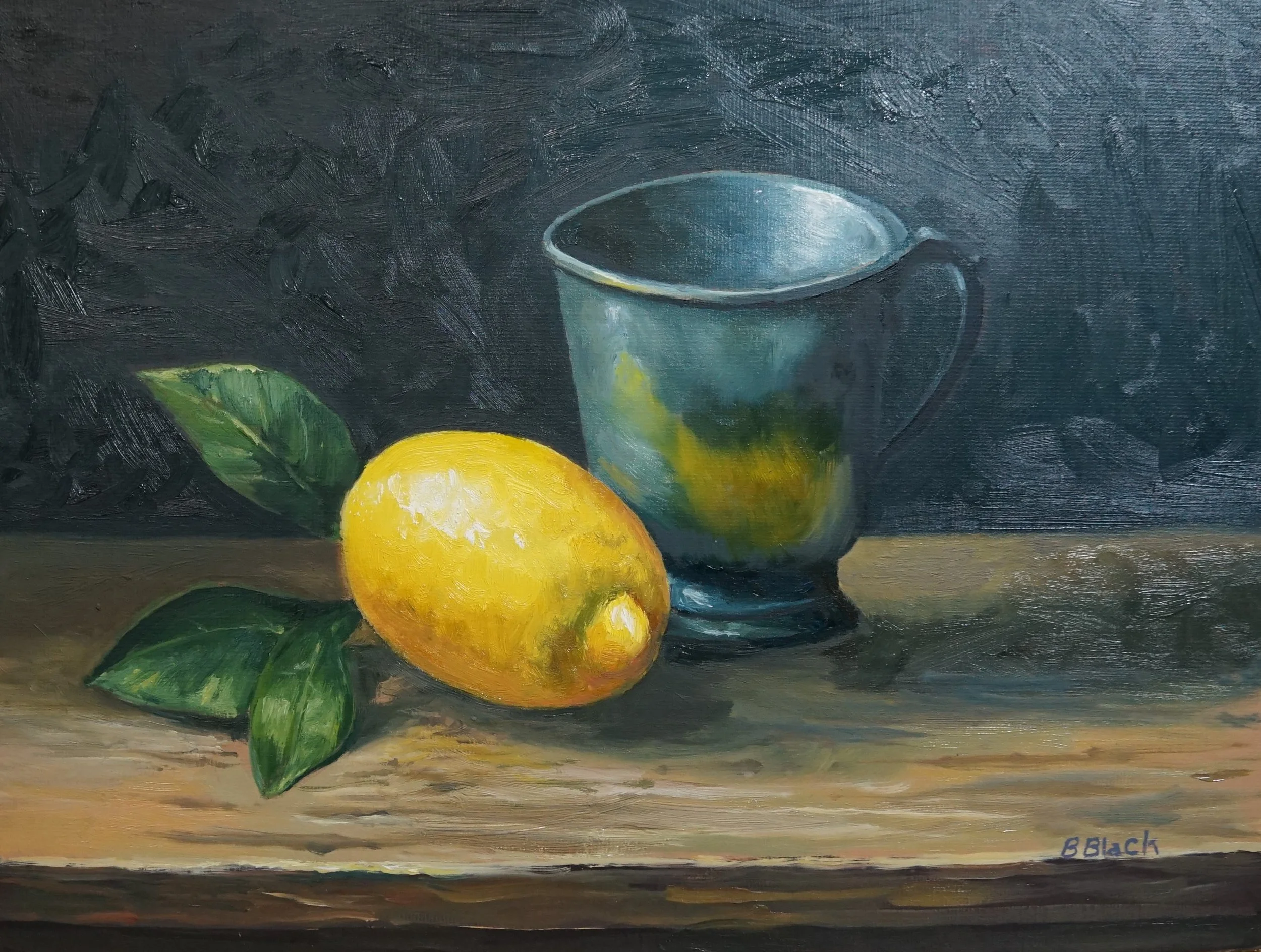 Still Life With Lemon and Metal Cup -Traditional oil painting (9" X 12")