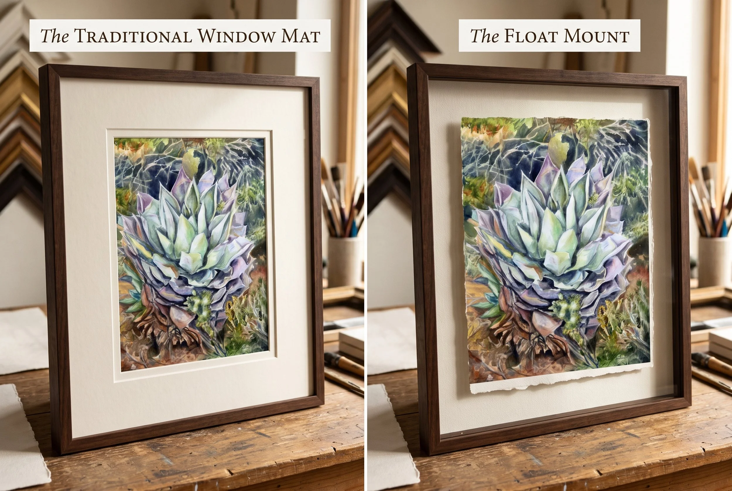 Two images of the same agave cactus painting in watercolor.  One image shows it framed in a traditional frame, the other in a floating frame.