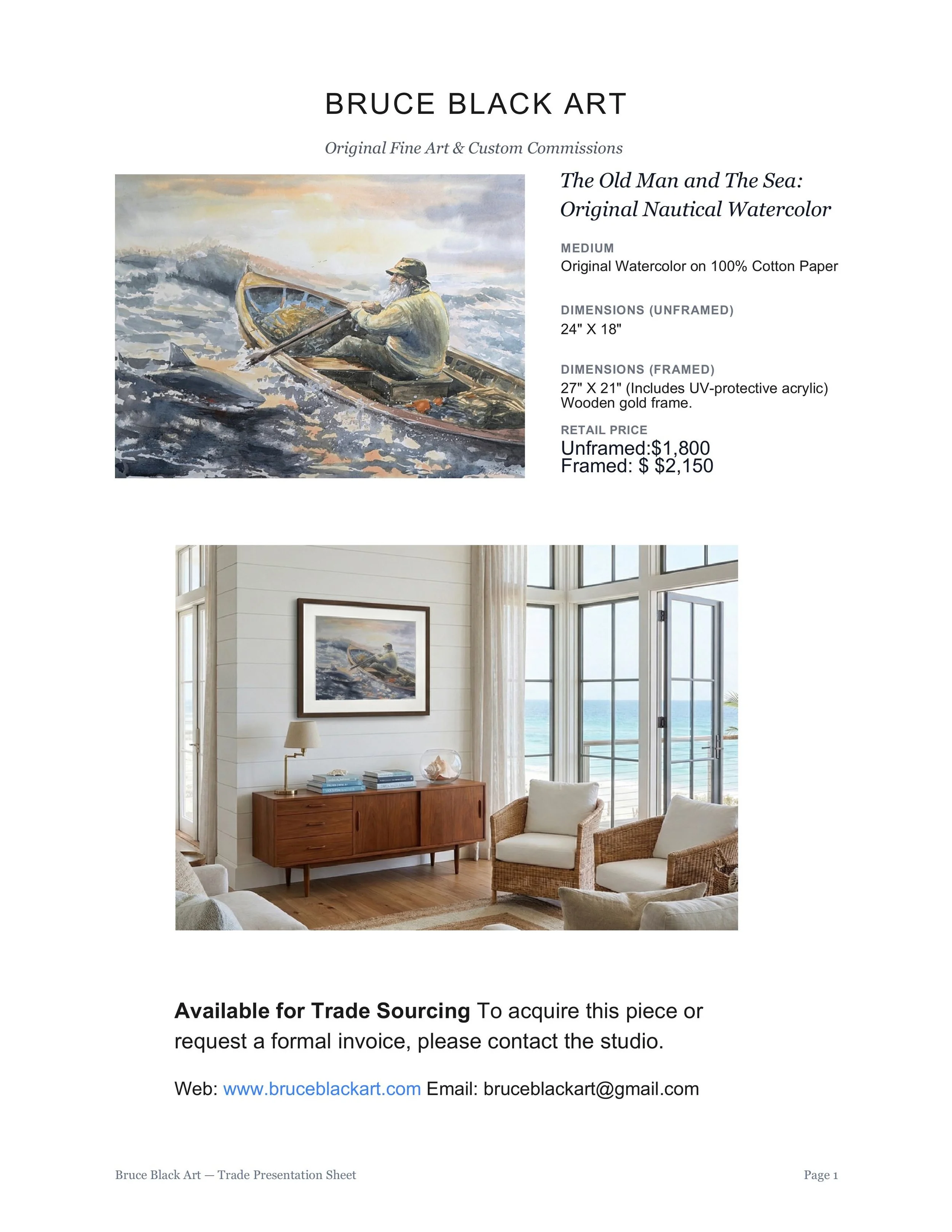 Example trade sheet for Interior designers with artwork by Bruce Black