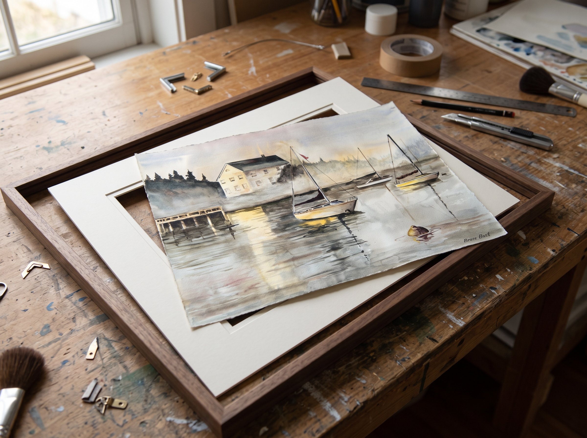 Watercolor painting of boats in a misty harbor being framed in an art studio.  Painting is by Bruce Black