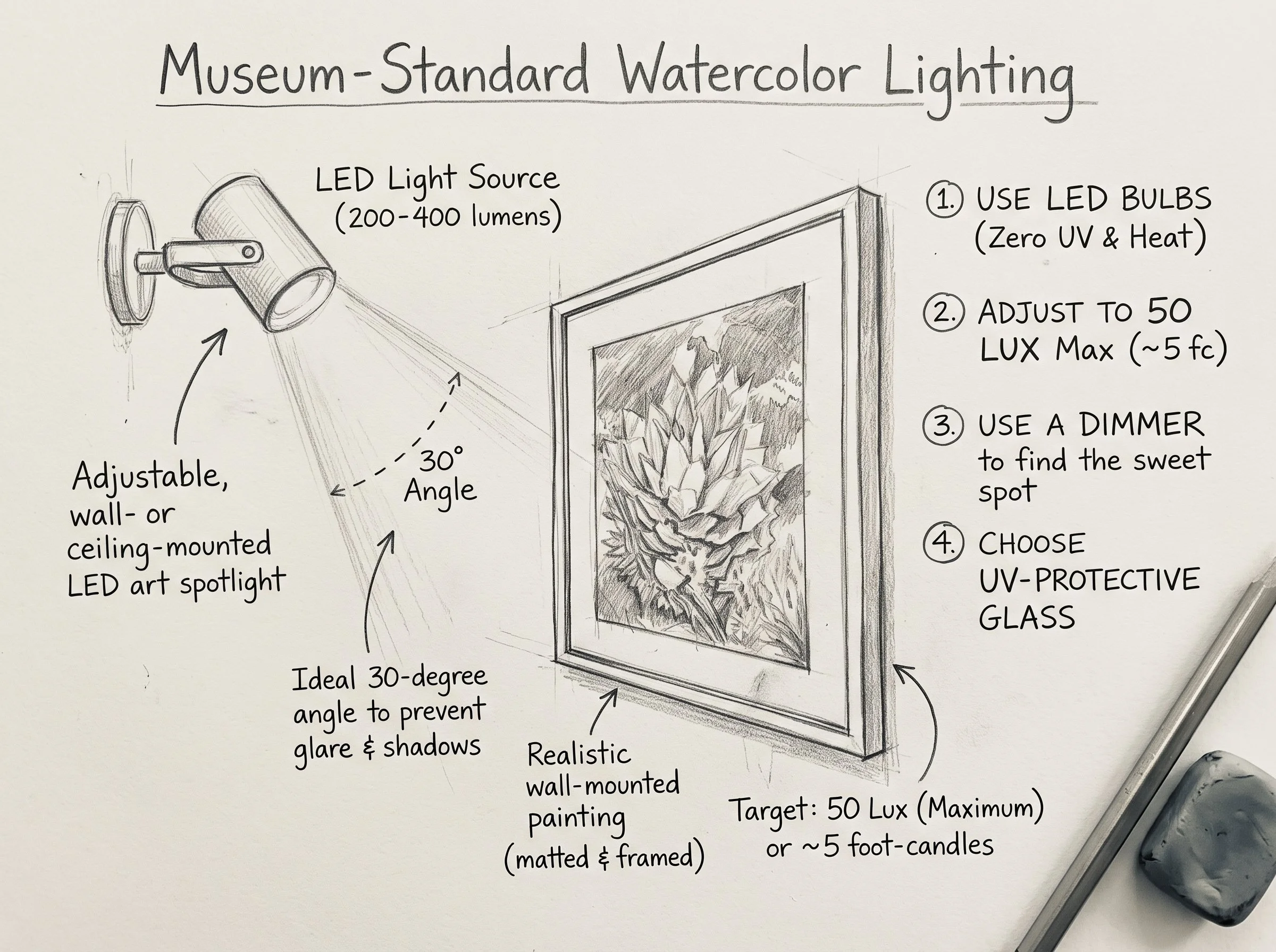 Drawn diagram showing how to direct light onto your framed watercolor painting.