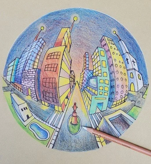 Colored pencil drawing of a city drawn in five point perspective
