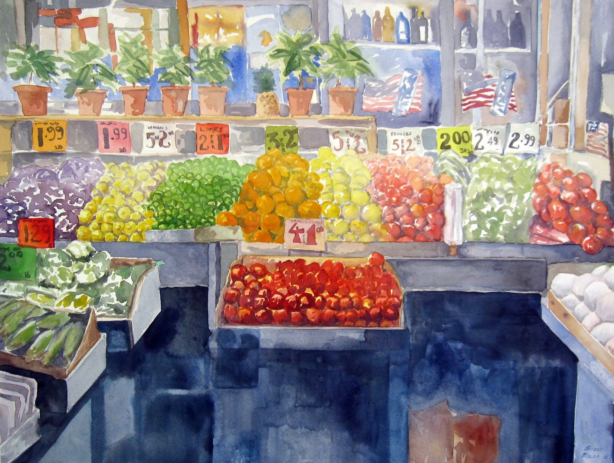 Colorful painting of a farmers market fruit stand done in watercolor.