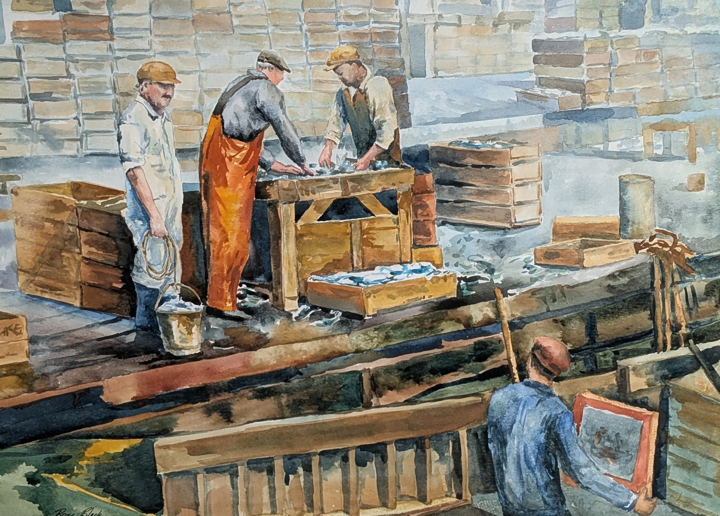 The Artist and the Fishermen - coastal watercolor painting