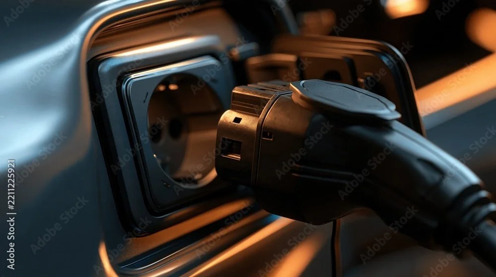 Electric vehicle charging plug inserted into car's charging port on the dashboard.