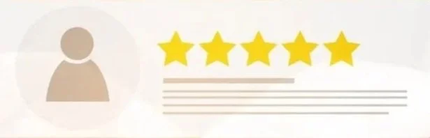 A five-star review graphic with a user icon and placeholder text.