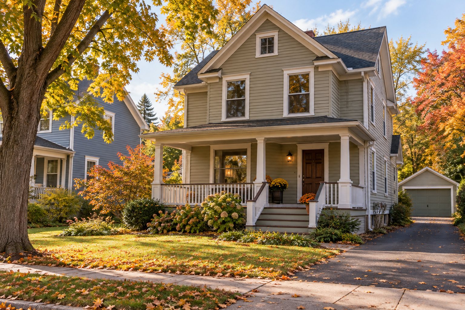Illustrative older house with a front porch in an autumn neighborhood