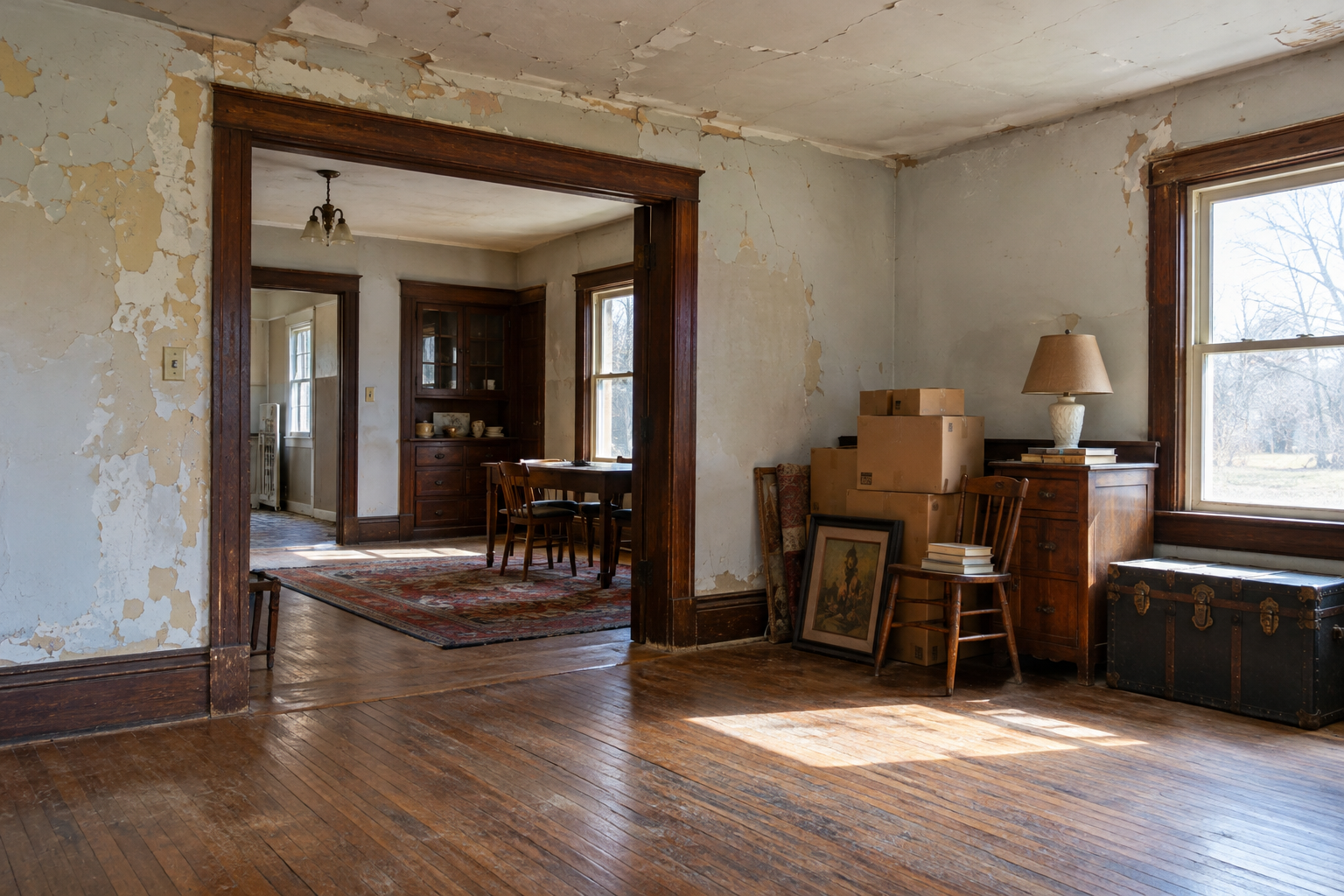Illustrative older house interior needing renovation and cleanout