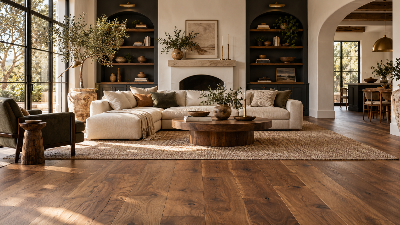 AI-generated interior design inspiration: warm living room with walnut hardwood flooring, cream seating and charcoal shelving.