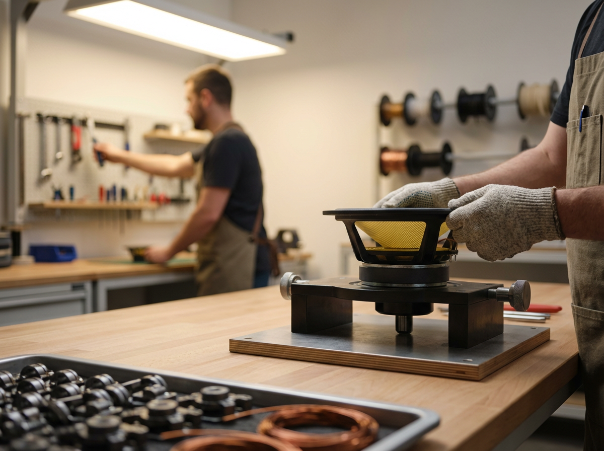 People working in a workshop, one person in the foreground handling a speaker cone and another in the background working with tools on a workbench, with various equipment and tools visible on the walls.