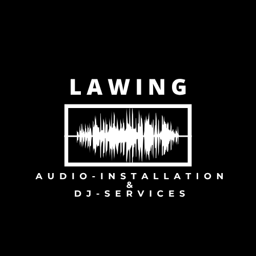 A logo for Lawing Audio Installation & DJ Services featuring a white audio waveform inside a rectangle on a black background with the company name above and the services below.