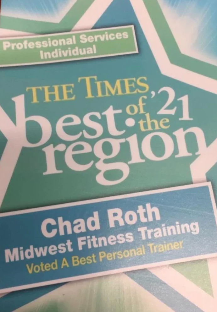 Best of the region certification recognizing Chad Roth of Midwest Fitness Training as one of the best personal trainers in the region, part of a recognition program called The Times best of the region.