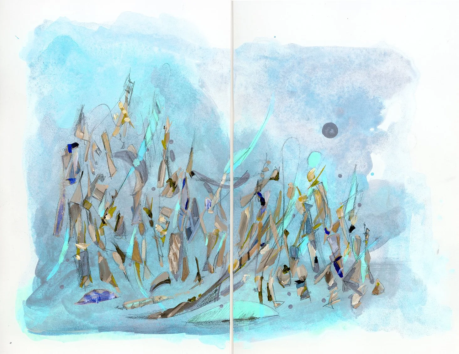 Procession, Aquamarine Register, 2026, Metallic Watercolour, Acrylic on Arches Hot Press 512t 300lb — 24x18 in.