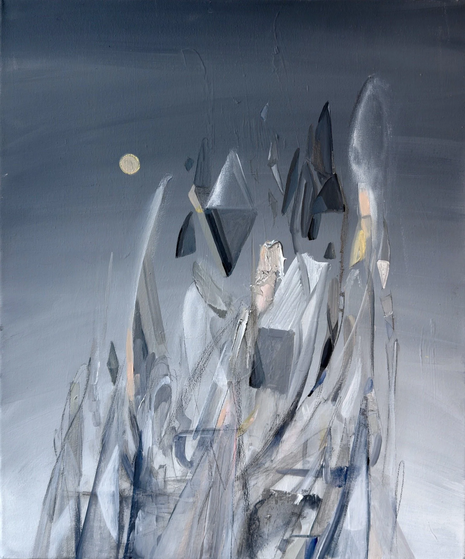 The Grow-ups Are Talking, Grey Register, 2026, Graphite, Diamond Dust, Acrylic on Canvas — 22x30 in.