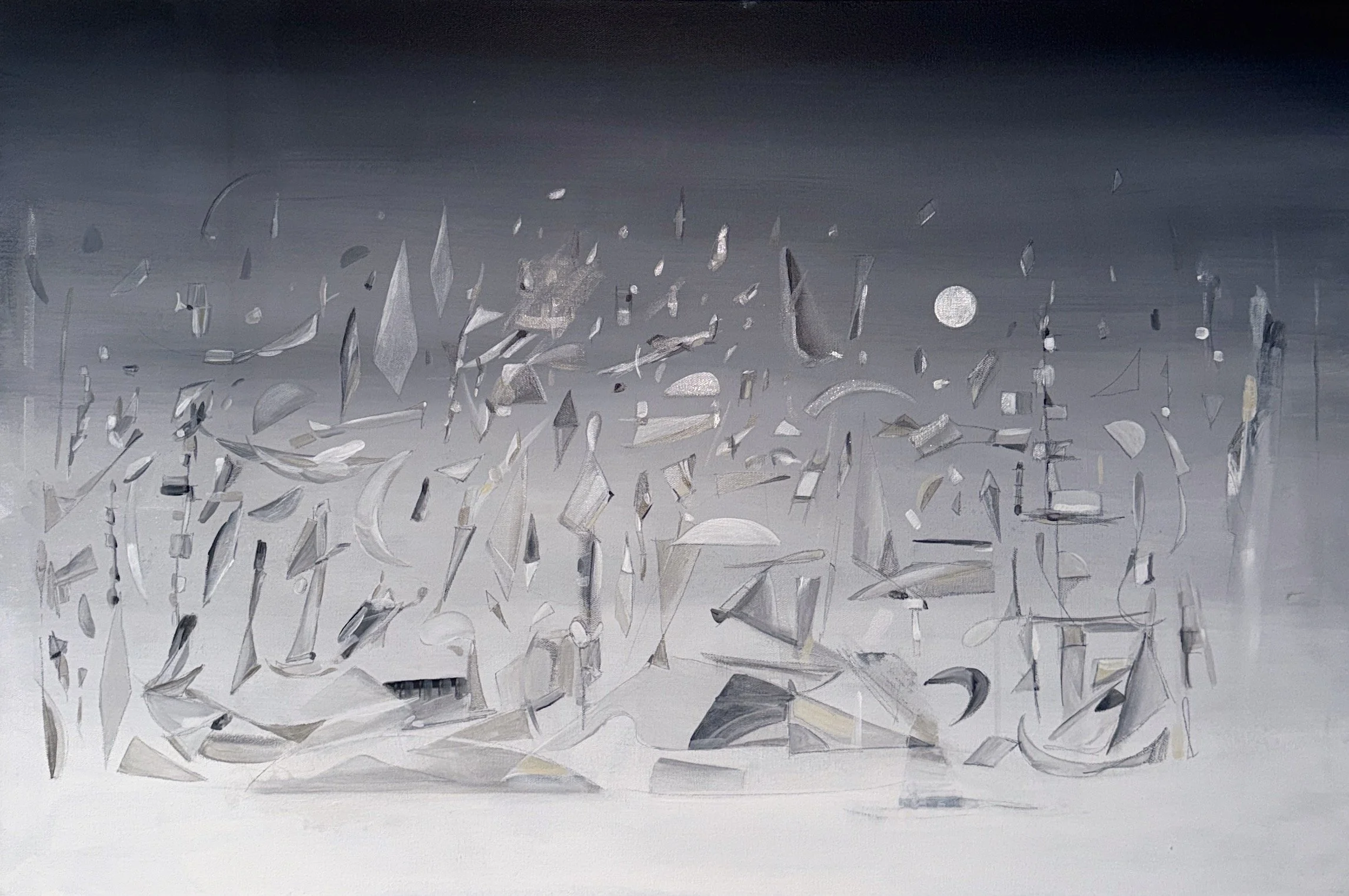 Night Architecture II, 2026, Graphite, Diamond Dust, Acrylic on Canvas — 36x24 in.
