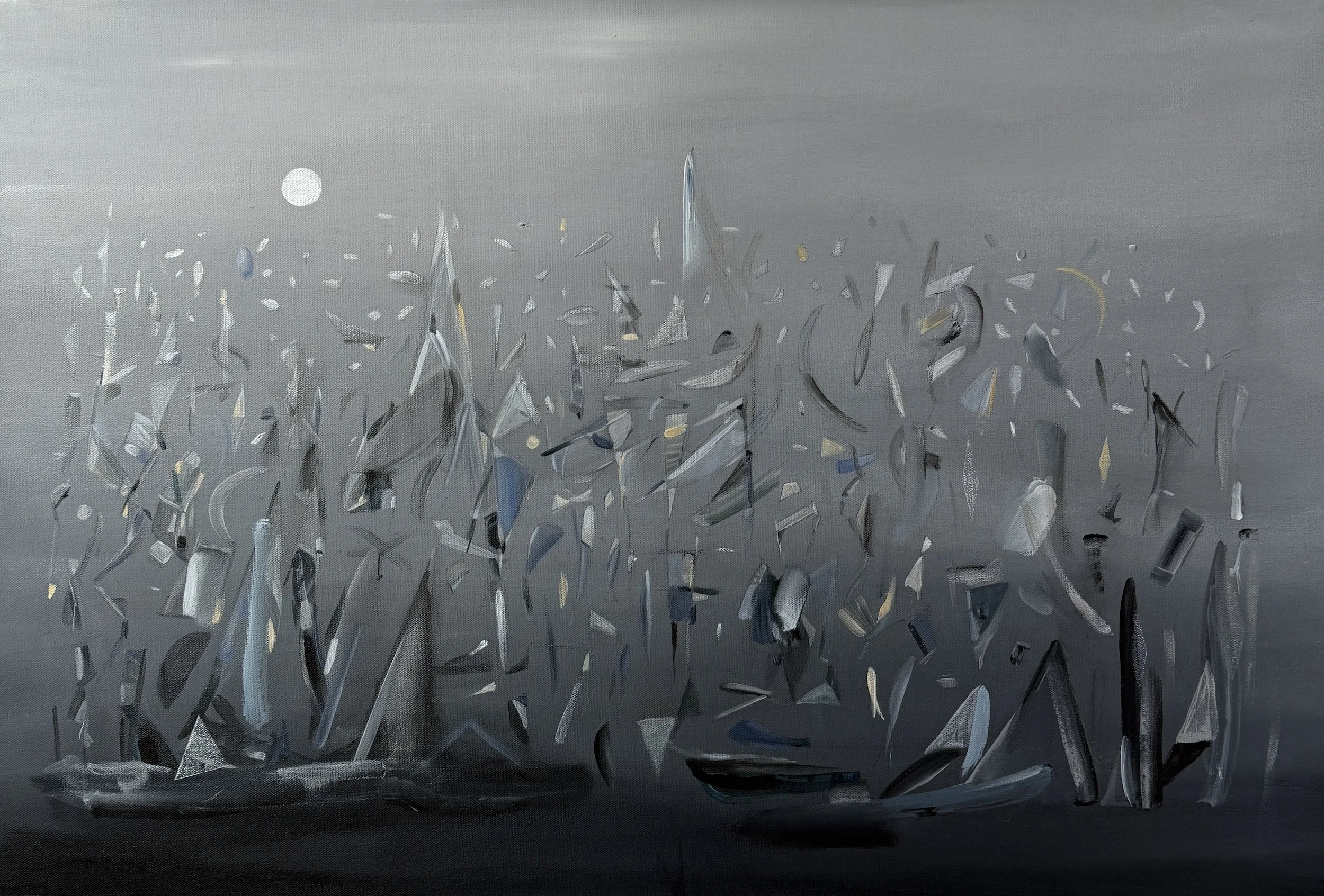 Night Architecture I, 2026, Graphite, Diamond Dust, Acrylic on Canvas — 36x24 in.