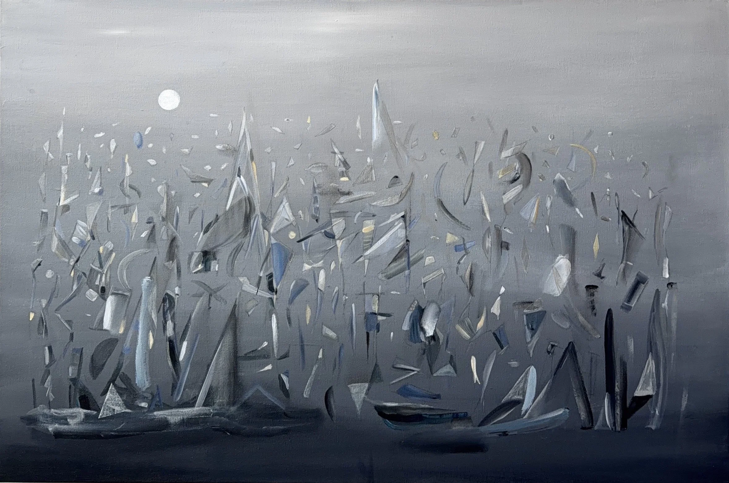 Night Architecture I, 2026, Graphite, Diamond Dust, Acrylic on Canvas — 36x24 in.