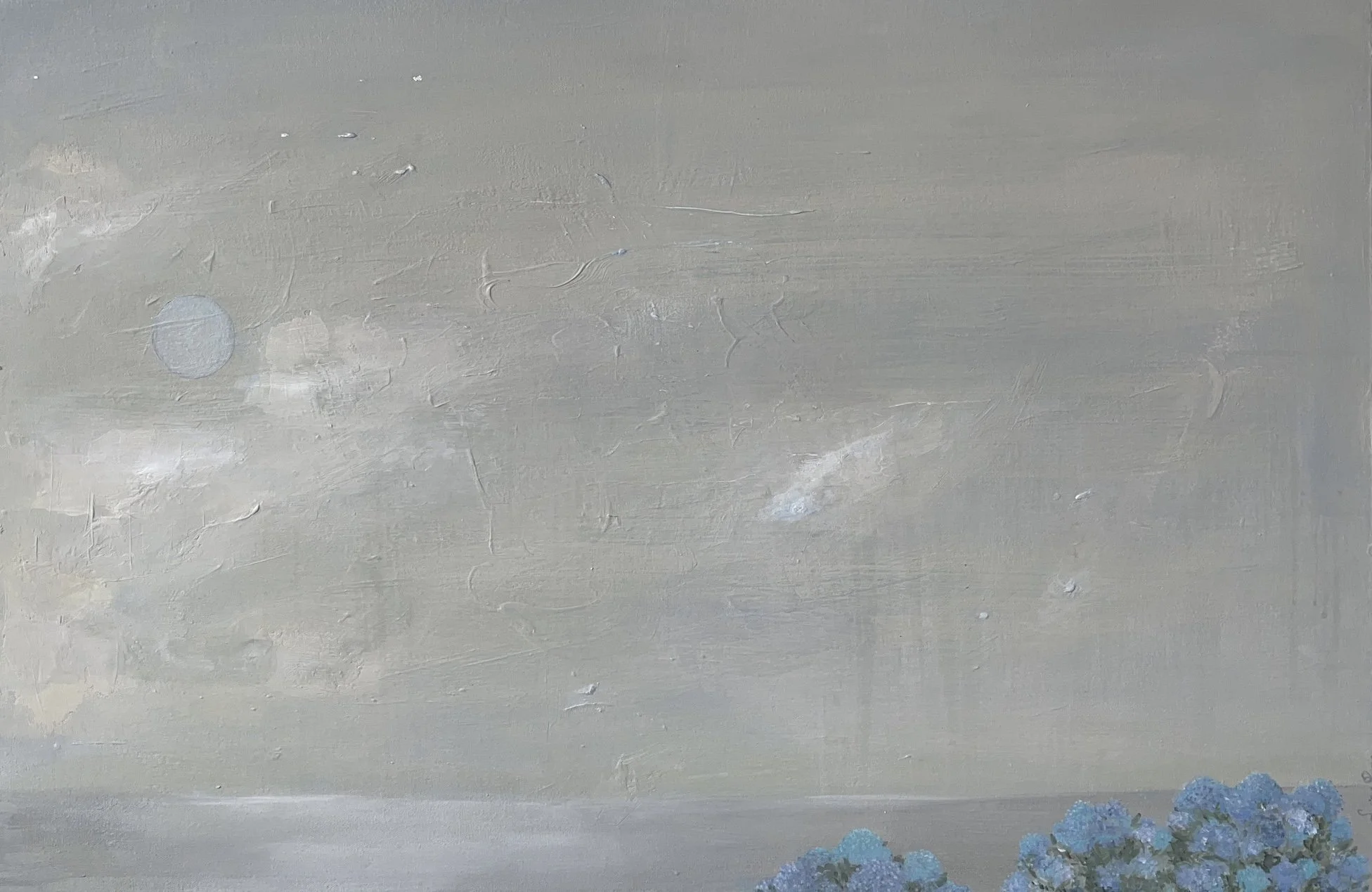 Hydrangeas Frame The Sea 2025, 36x24, Oil on Canvas — 36x24 in.