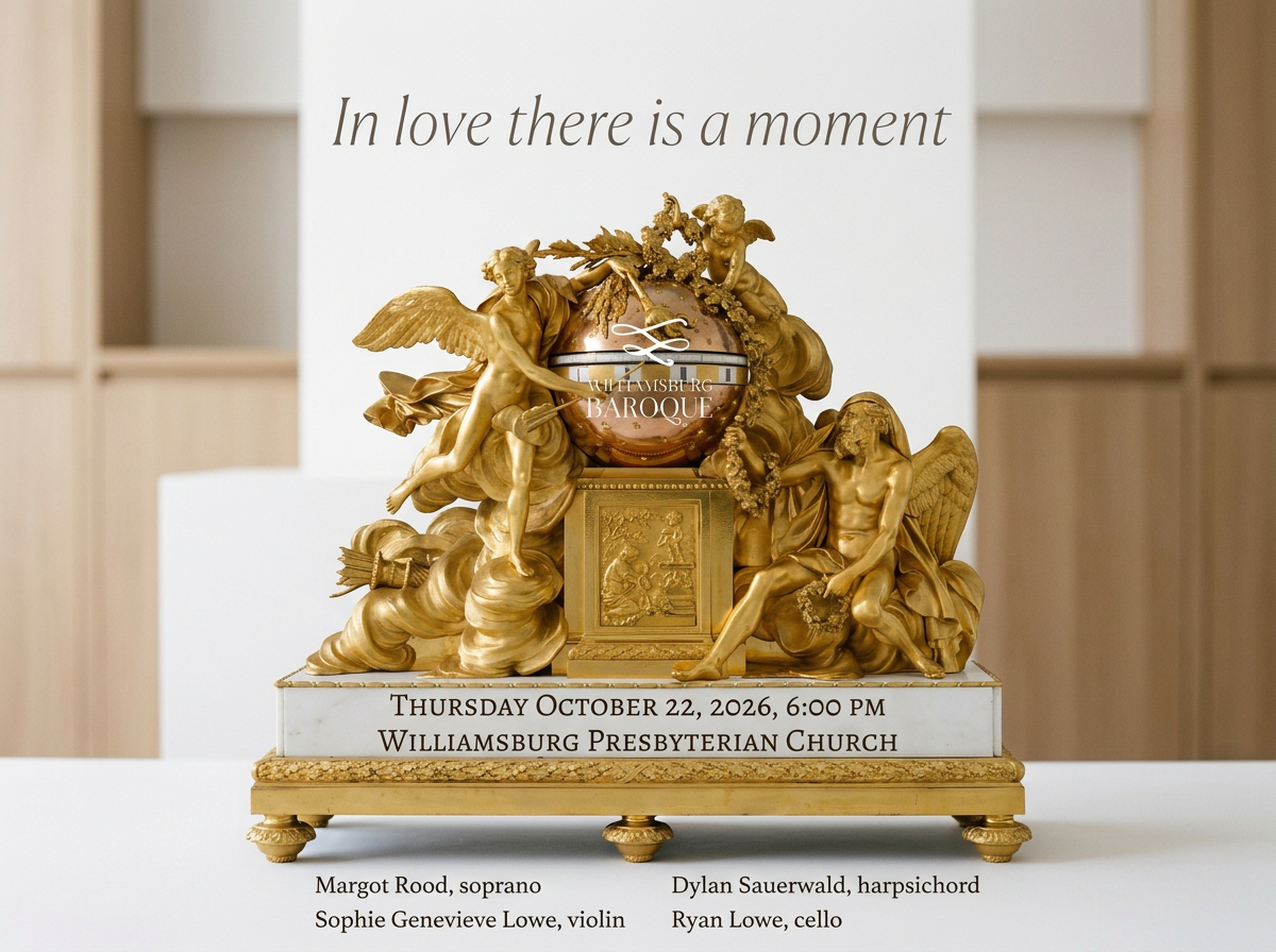 An ornate golden trophy with angel and cherub statues, placed on a white table. Text on the display indicates an event at Williamsburg Presbyterian Church on October 22, 2026, at 6:00 PM, featuring musicians Margot Rood, Sophie Genevieve Lowe, Dylan Sauerwald, and Ryan Lowe.