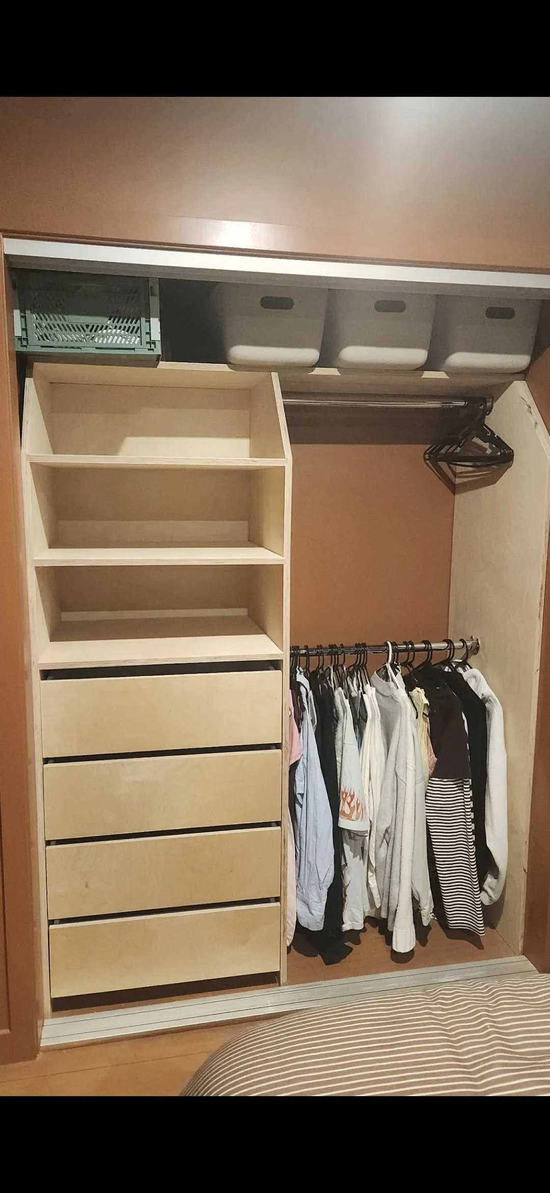 Empty closet with shelves, hanging rod with clothes, and storage bins.