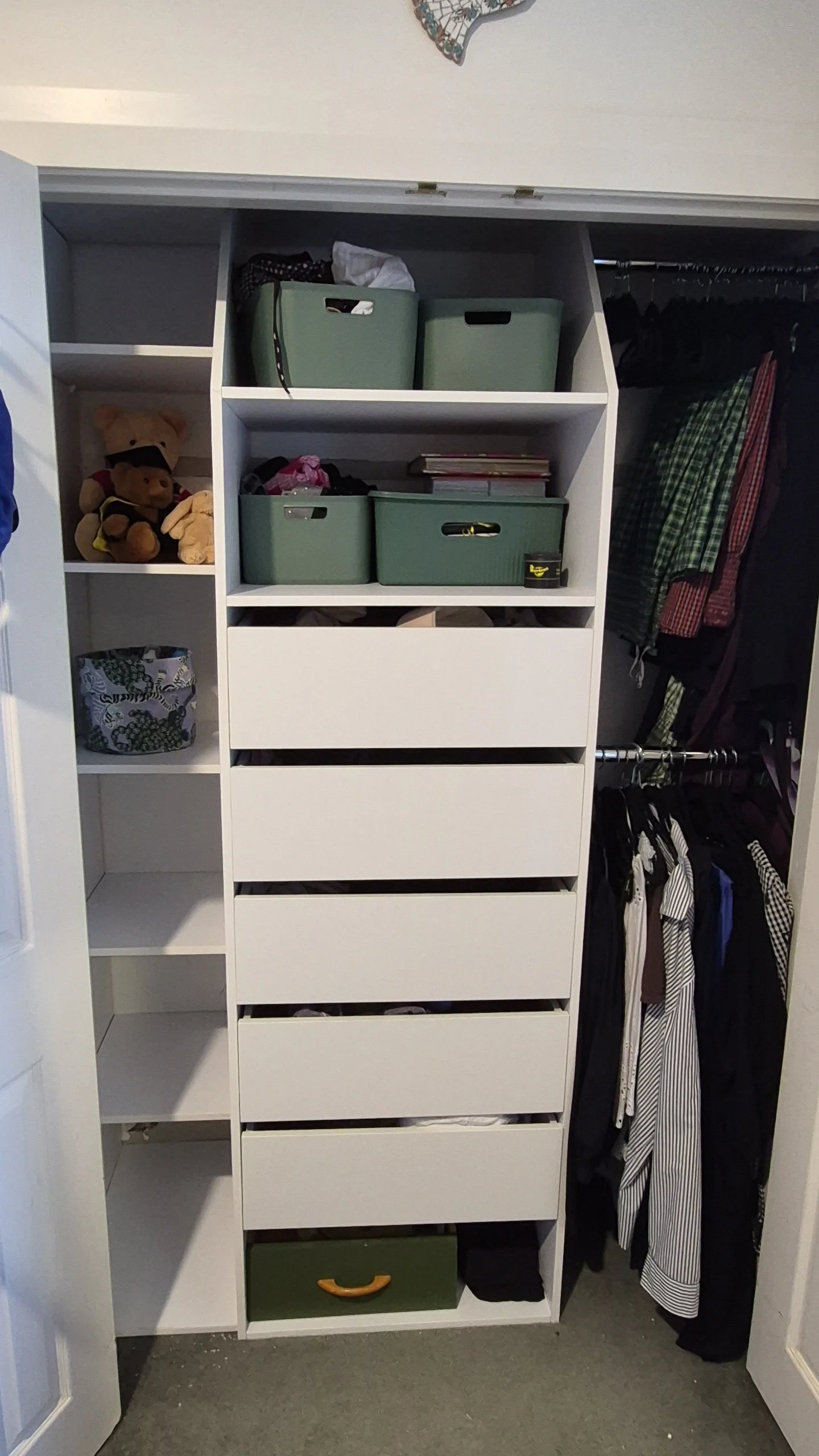 Clothing closet with shelves and hanging clothes, stuffed animals, storage bins, and a drawer.