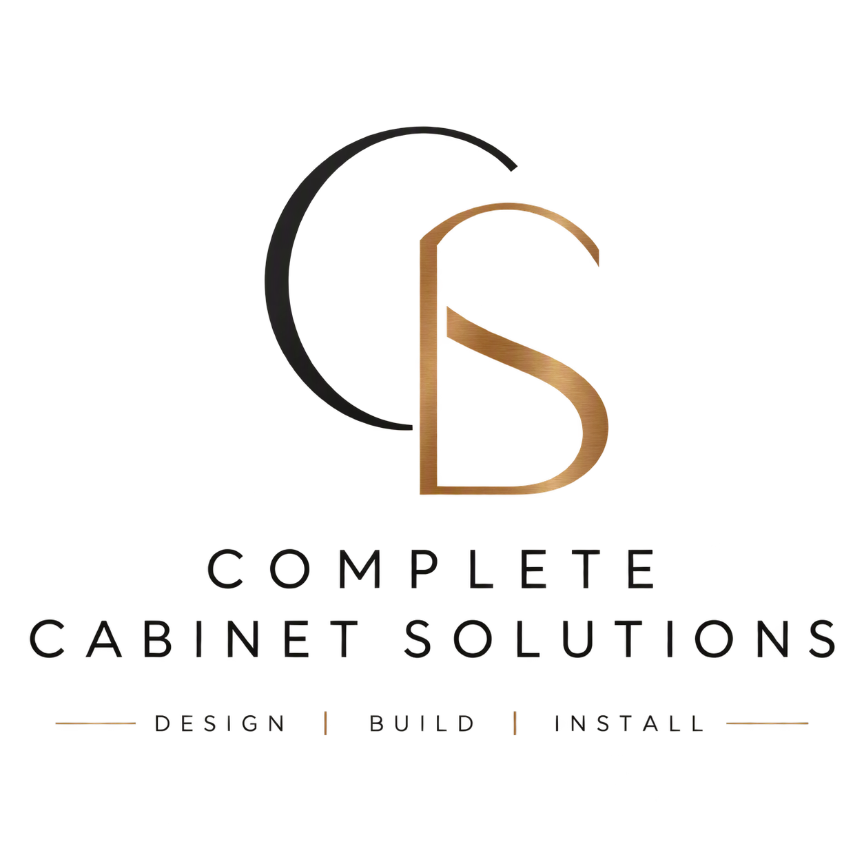 Company logo for Complete Cabinet Solutions featuring a stylized 'C' and 'S' with colorful horizontal lines, with the slogan 'Design Build Install' below.