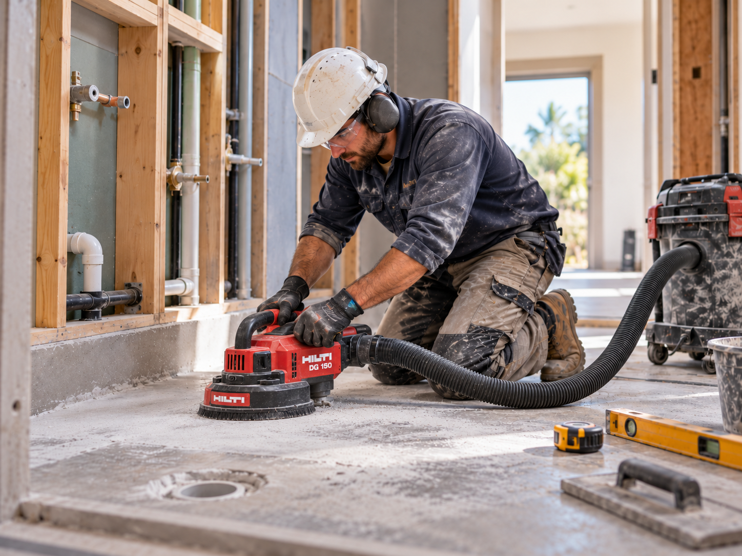 Construction worker kneeling and using a sanding machine on a concrete floor inside a building under construction.