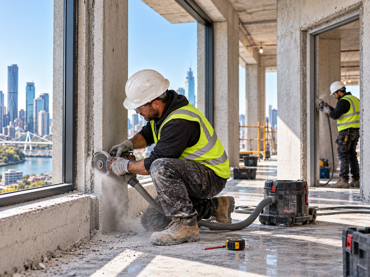Two construction workers wearing safety helmets and high-visibility vests working on a high-rise building, with a city skyline in the background. One worker is using a power tool to cut concrete near a window, while the other is sanding or polishing a surface inside the building.