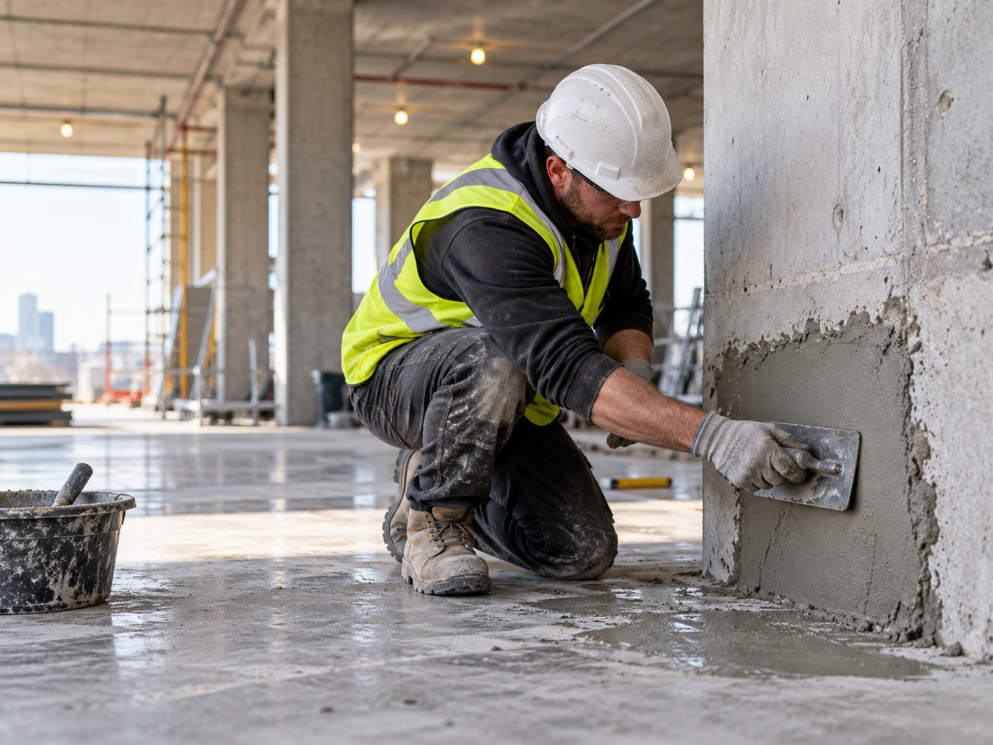 A construction worker in a yellow safety vest, white helmet, and gloves kneels on a concrete floor, smoothing wet concrete against a wall with a trowel. The construction site has exposed concrete columns and scaffolding in the background.