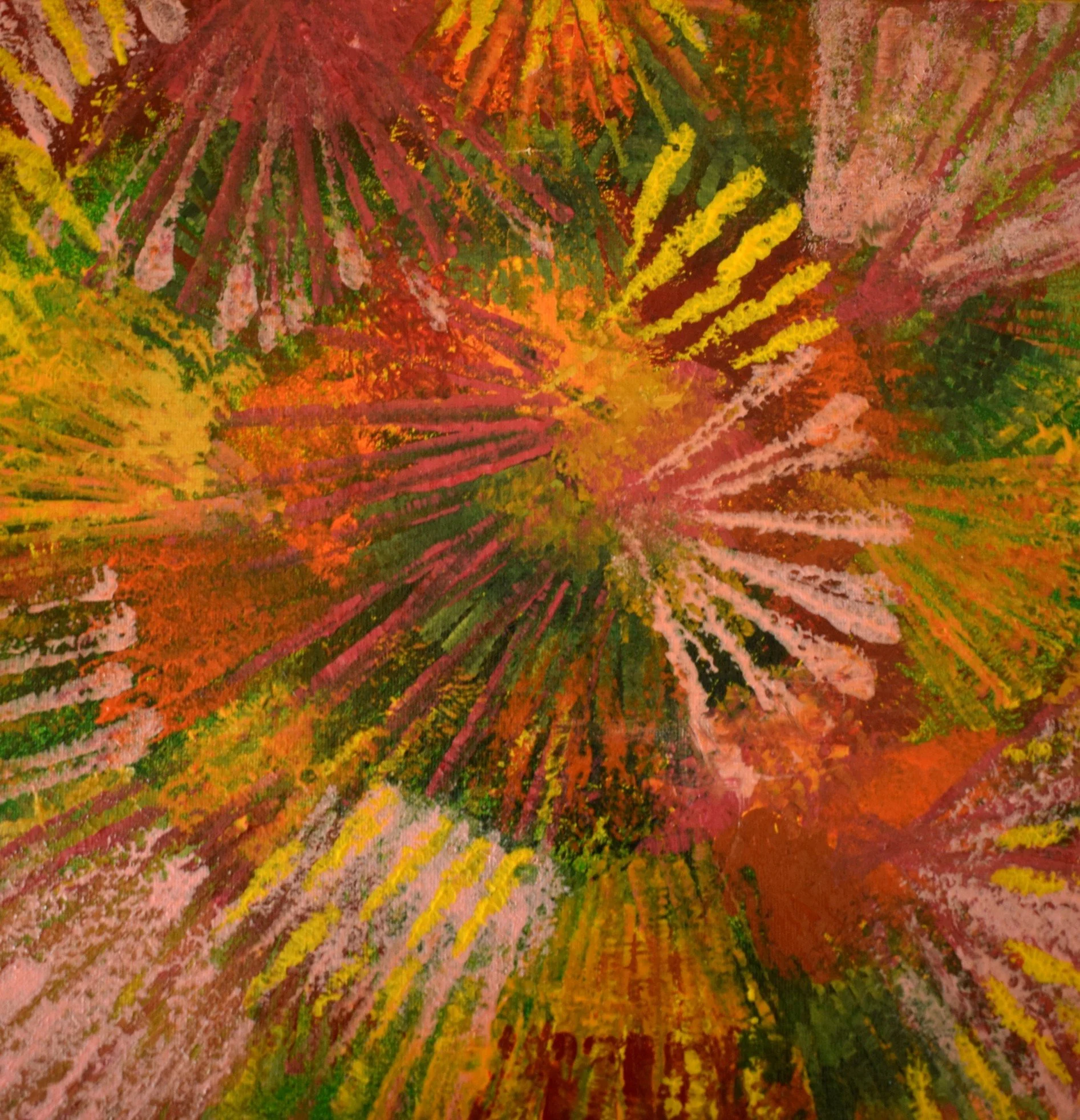 Abstract colorful painting with streaks of yellow, red, pink, green, and orange.