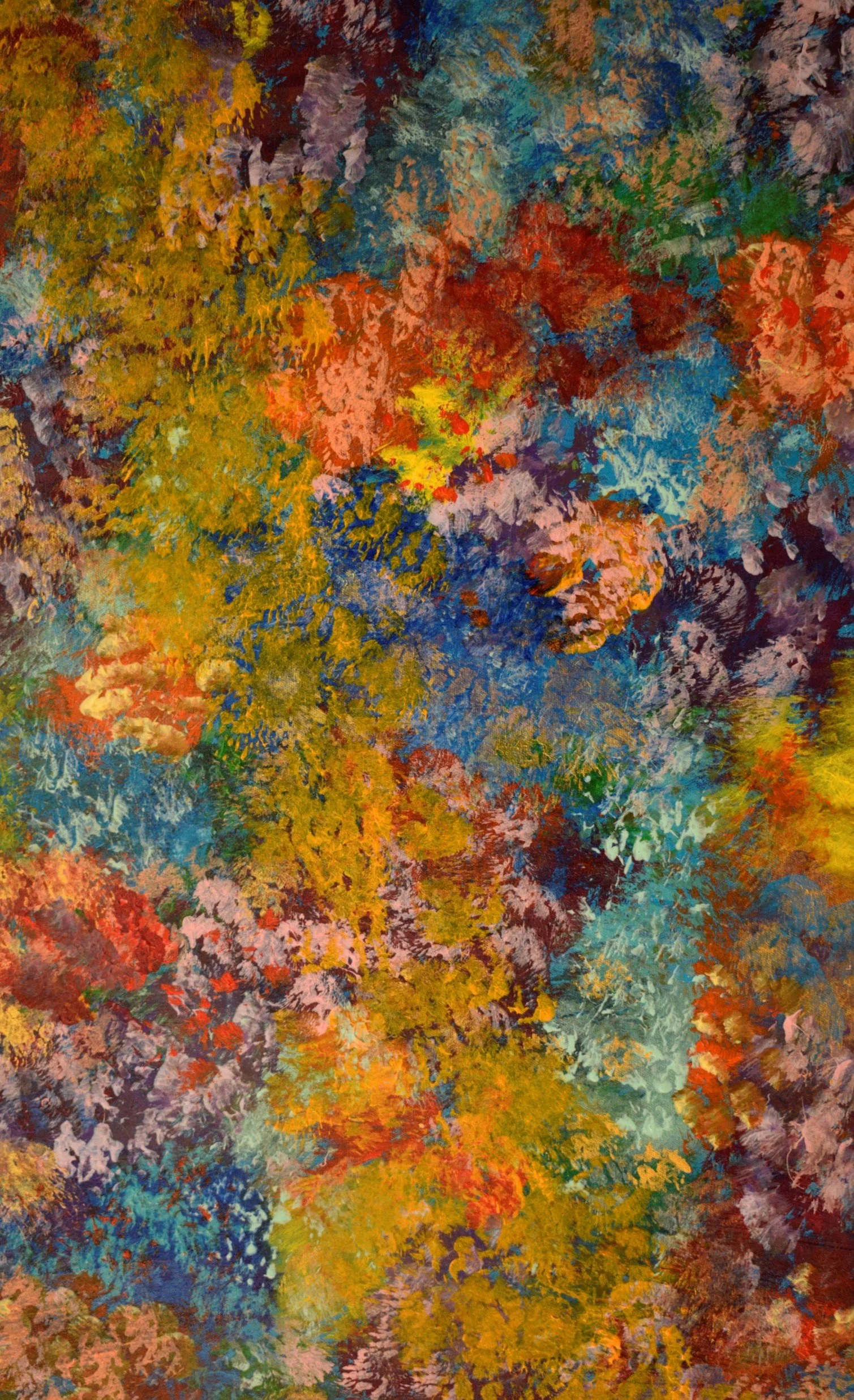 An abstract painting with vibrant colors including yellow, orange, red, purple, blue, green, and pink, featuring textured and layered brushstrokes.