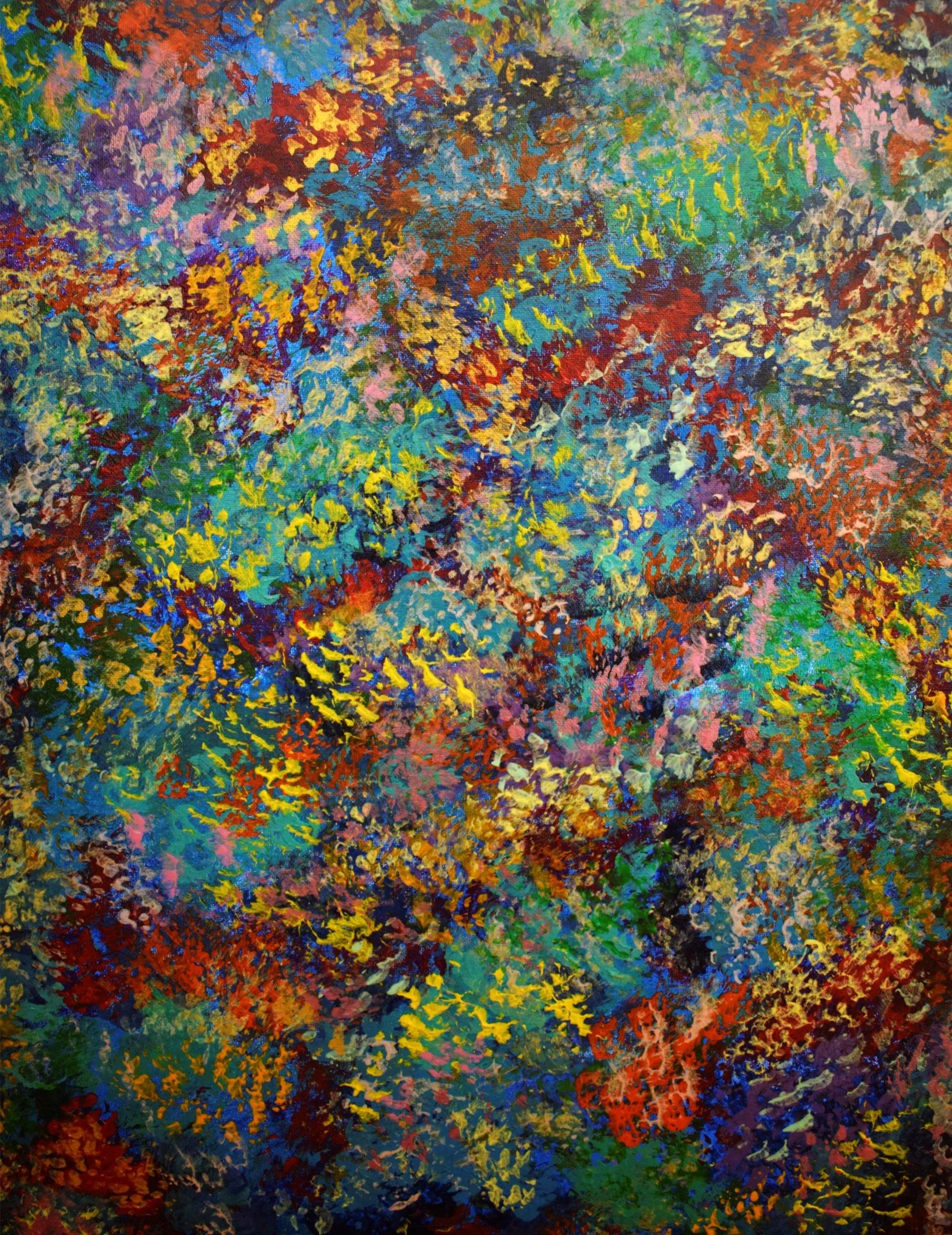 Colorful abstract painting with vibrant splashes of red, blue, yellow, green, purple, and pink.