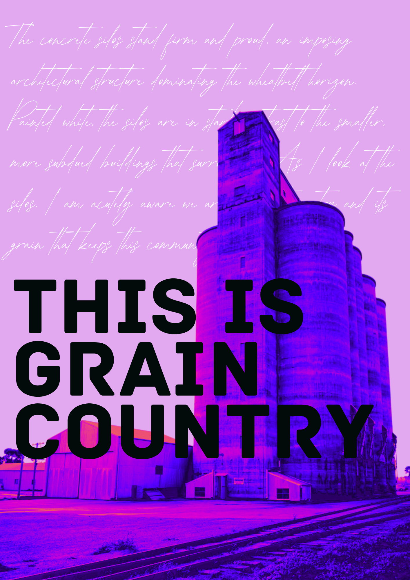 A large grain silo structure with bold black text in front that reads "THIS IS GRAIN COUNTRY". The background has a gradient purple hue, and the structure has a blue and purple coloring, potentially illuminated by artificial lighting.