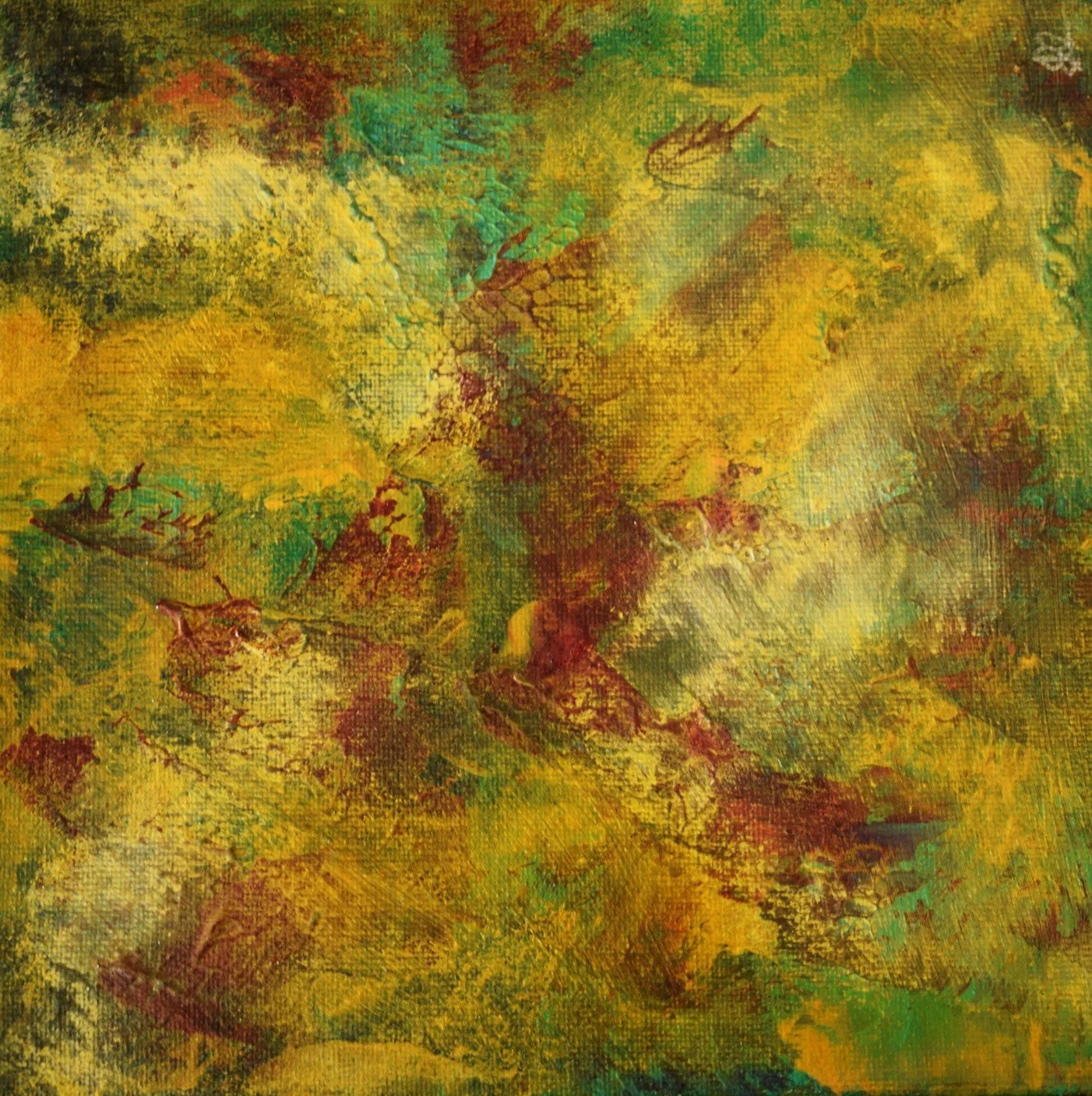 Abstract painting with yellow, green, and red shades, textured surface, and some leaf and insect-like shapes.