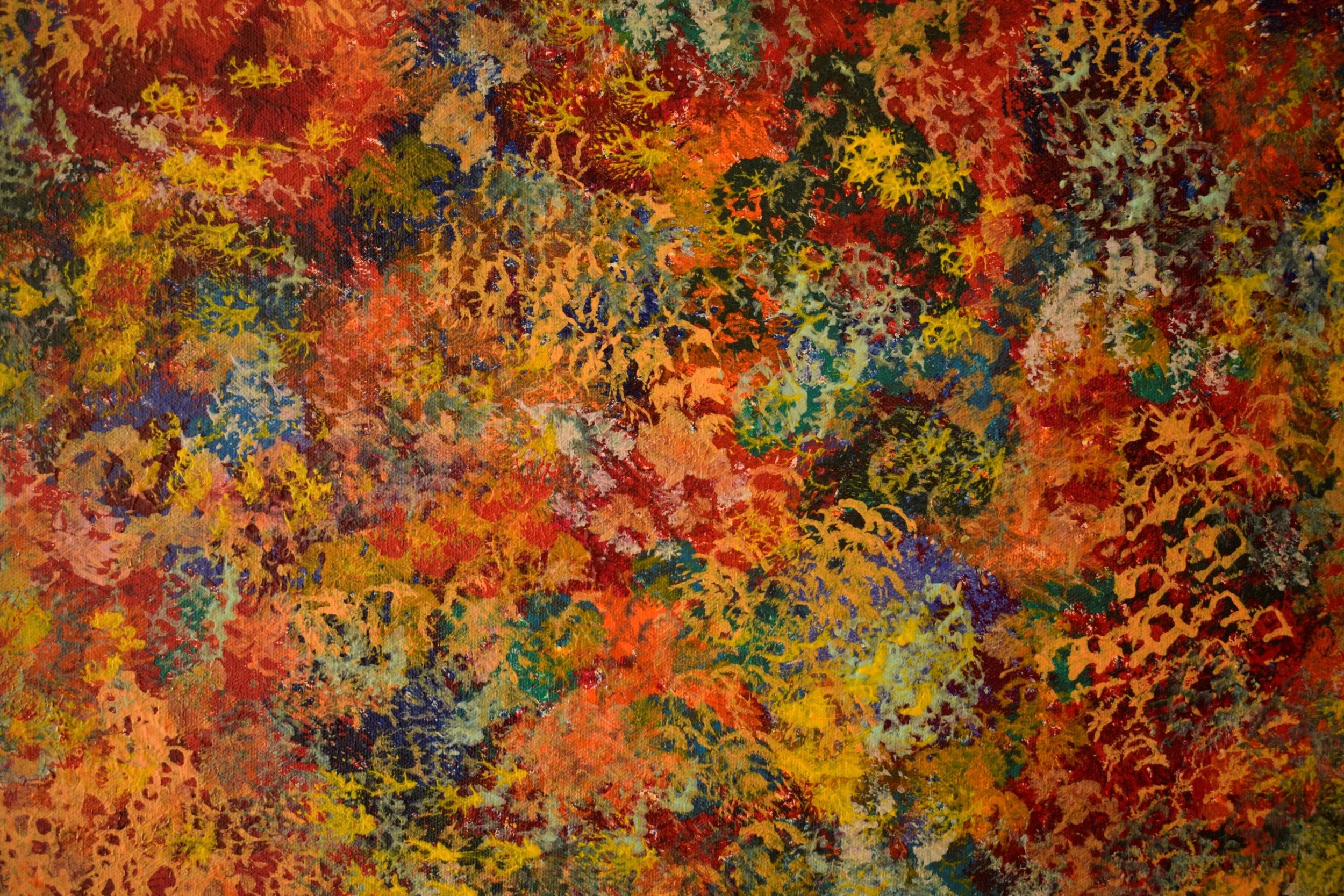 Colorful abstract painting with overlapping shapes in red, yellow, blue, green, orange, and black.