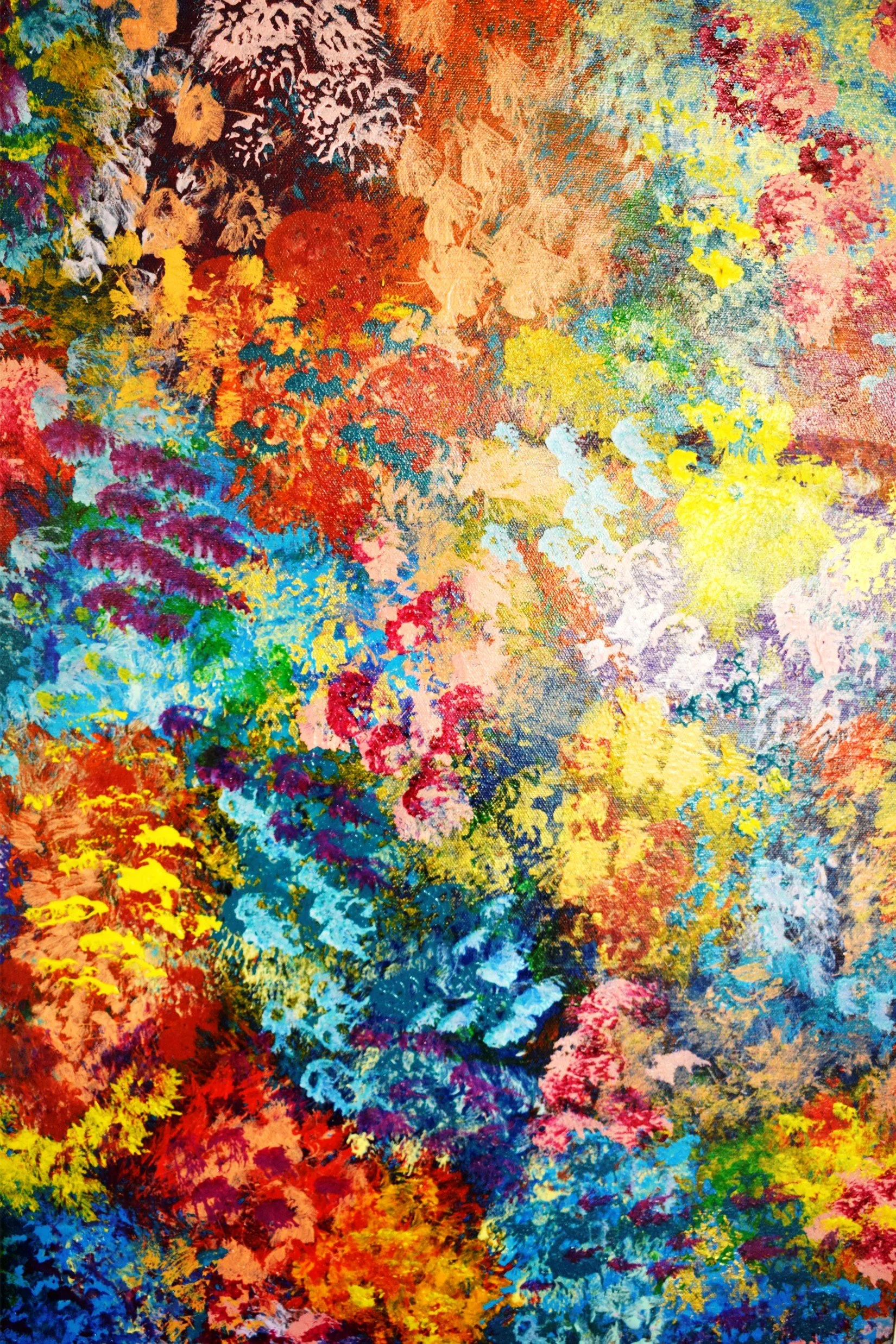 Abstract colorful painting with a variety of vibrant colors and textures.