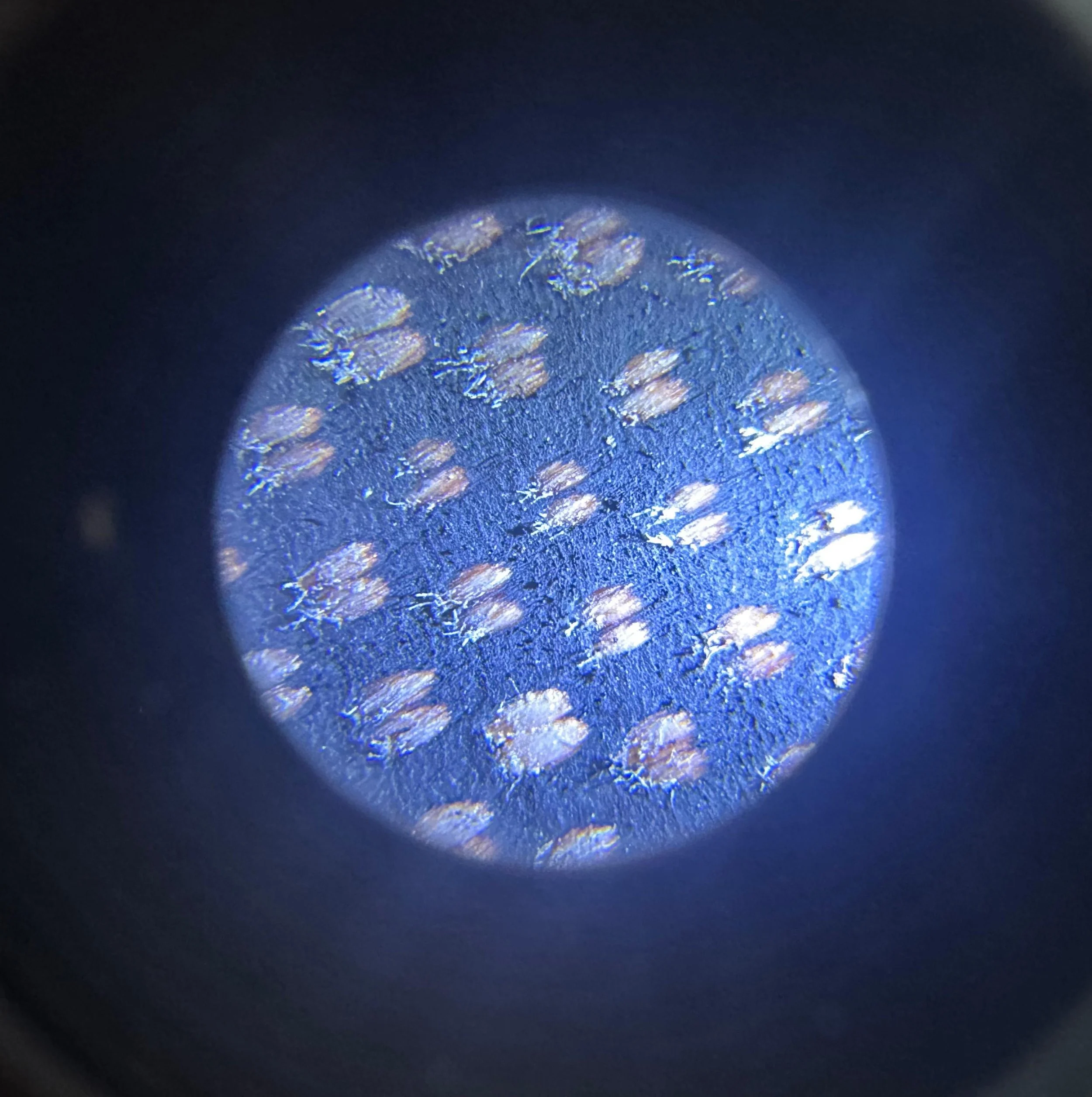 Close-up view of a surface with reflective iridescent patterns, illuminated by light, creating a shimmering, textured effect.