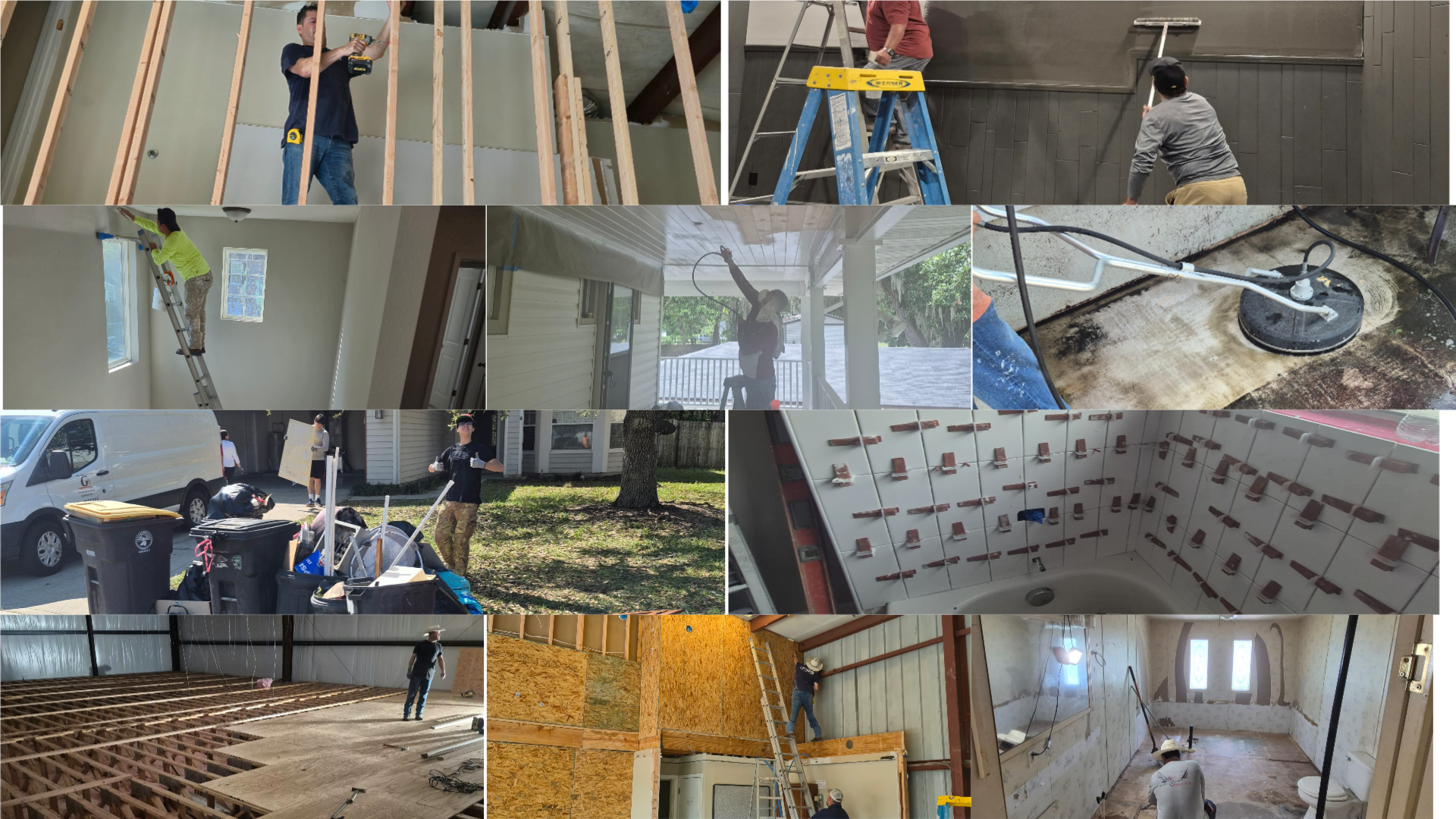 Collage of various home renovation activities including framing walls, painting, electrical work, tiling, installing flooring, and construction of interior walls.