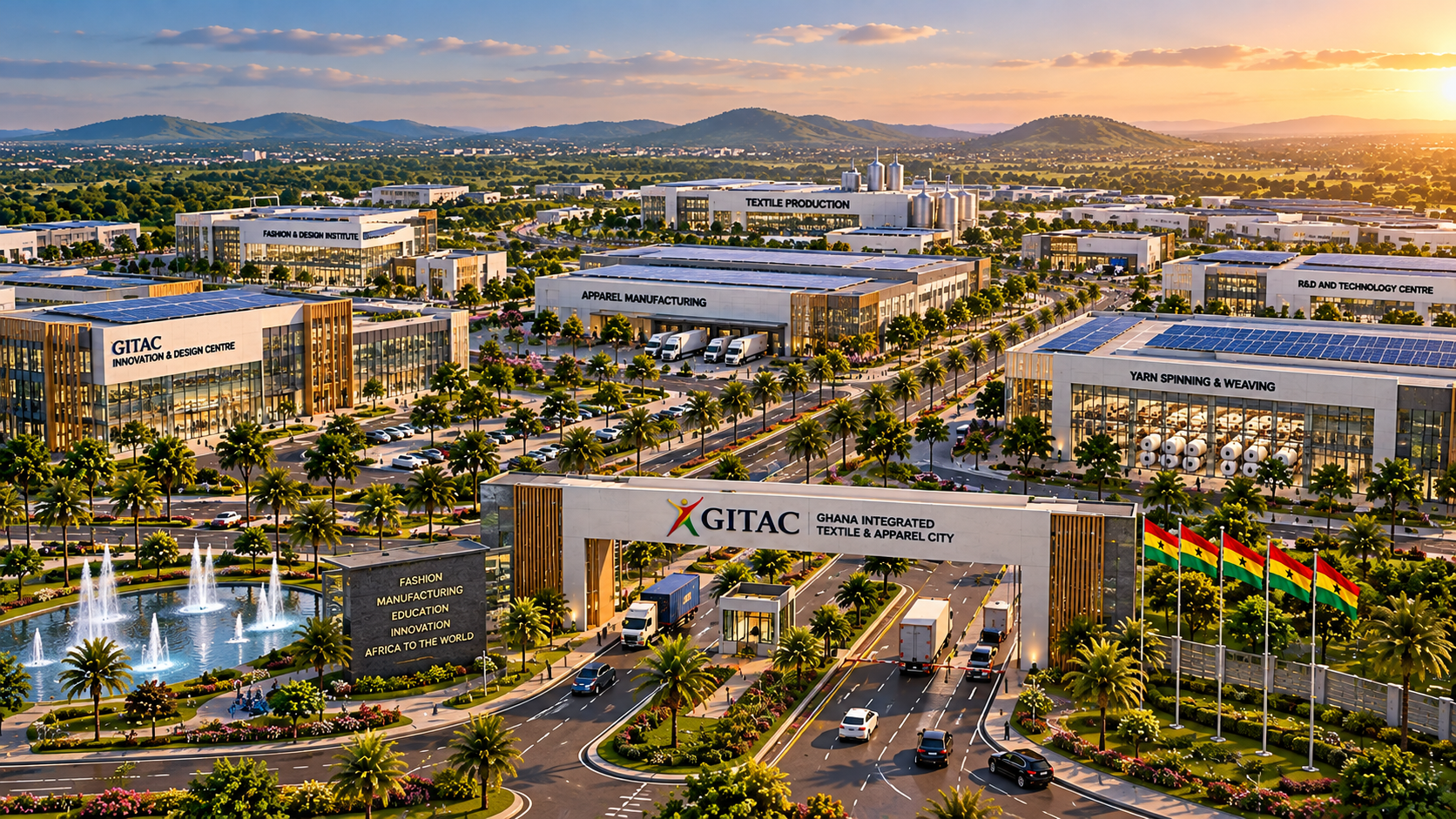 Aerial view of the Ghana Integrated Textile & Apparel City (GITAC) in Ghana, with modern buildings, a fountain, palm trees, flags, and a busy road during sunset.